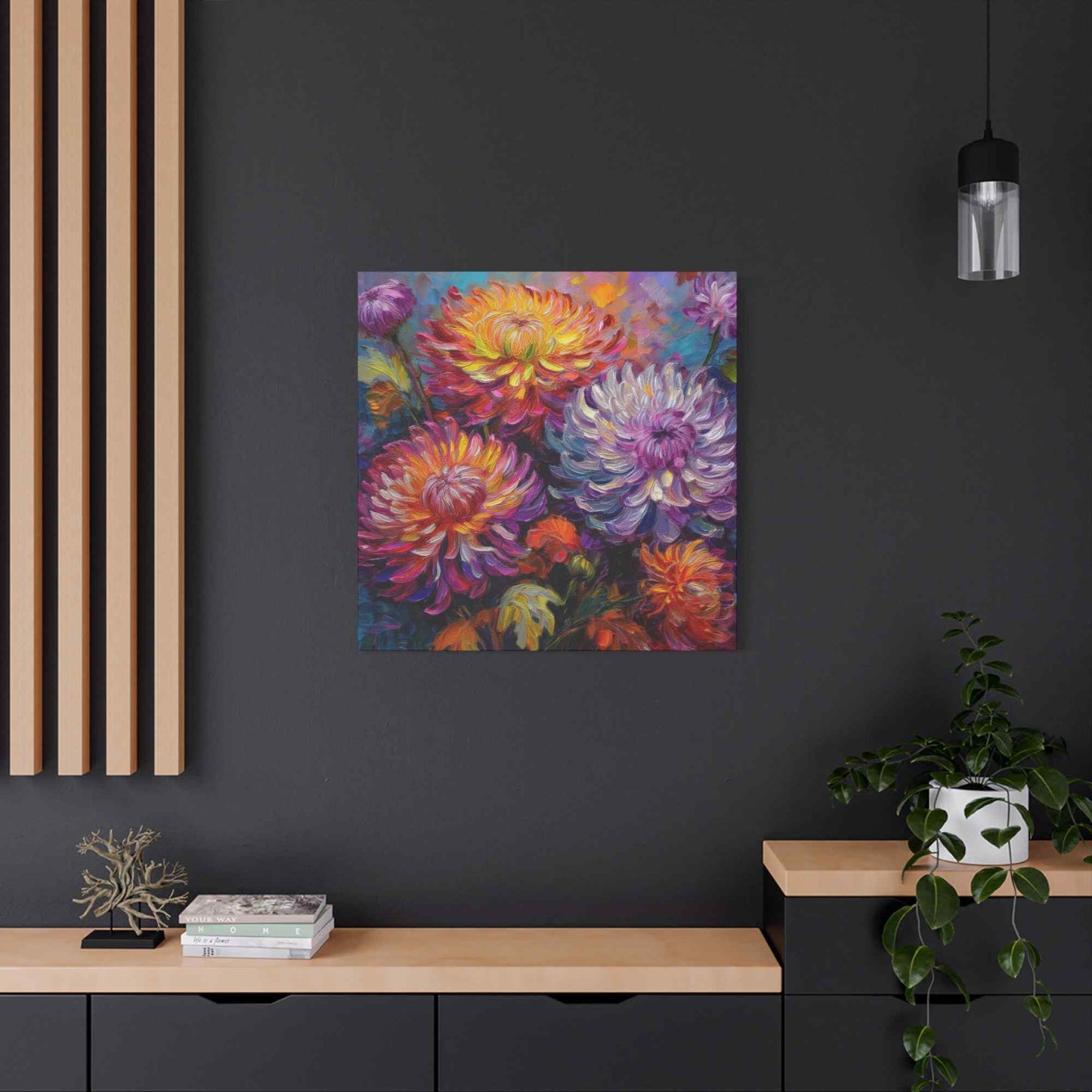 Chrysanthemums Print Canvas, Floral Oil Paint Print 20x20, 24x24, 30x30, 32x32, 36x36 Art Design Pine-Wood Inner Frame MC-158