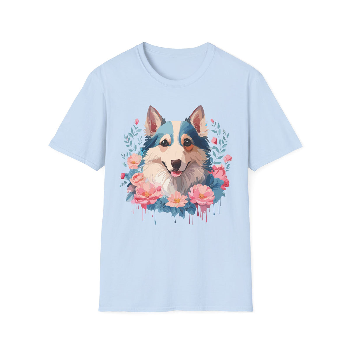 Floral Corgi Portrait T-Shirt | Dog Face Tee with Flowers