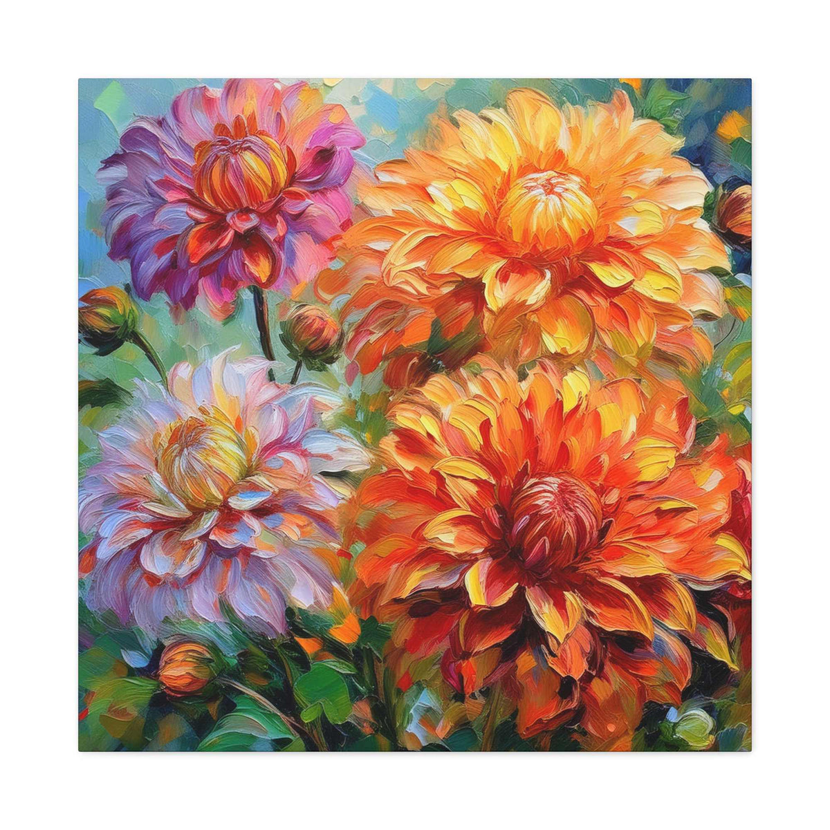 Dahlias Floral Print Canvas, Floral Oil Paint Print 20x20, 24x24, 30x30, 32x32, 36x36 Art Design Pine-Wood Inner Frame MC-166