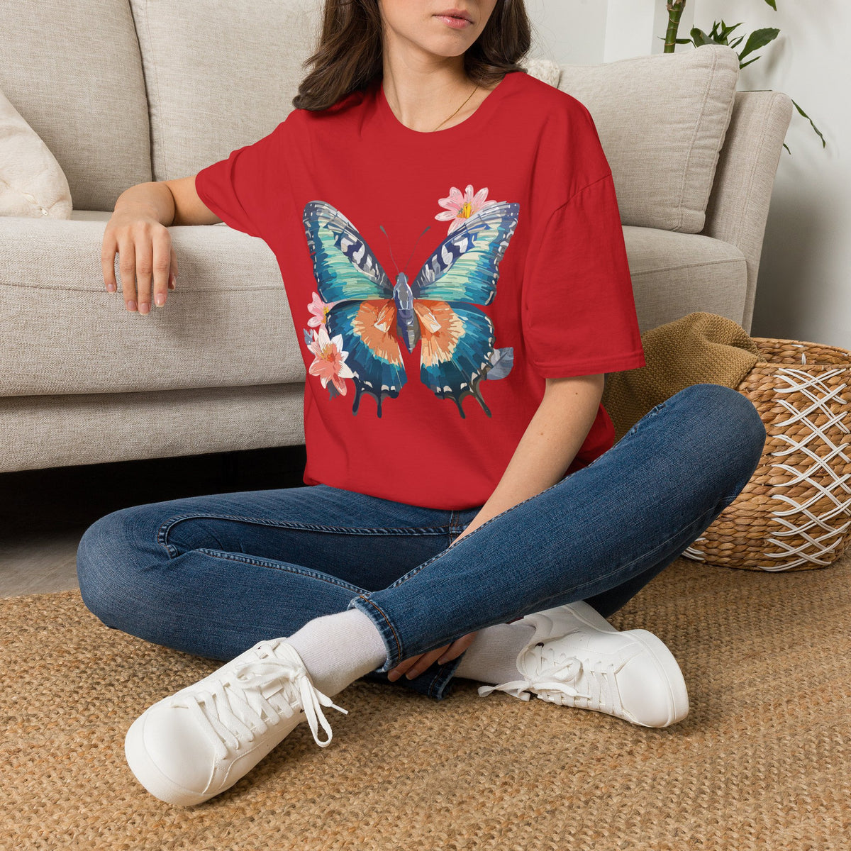 Butterfly Watercolor T-Shirt — Floral Blue Orange Butterfly Graphic Tee Unisex 100 Cotton Gildan T-Shirt