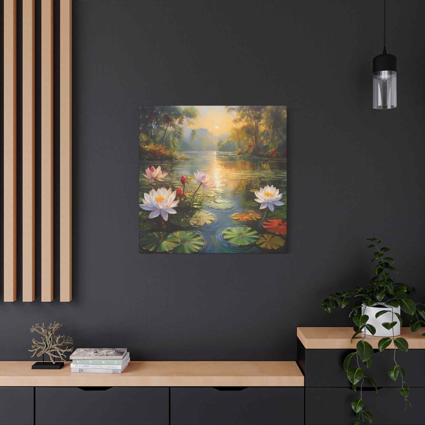 Water Lilies Print Canvas, Oil Paint Print 20x20, 24x24, 30x30, 32x32, 36x36 Floral Art Print Pine-Wood Inner Frame MC-65