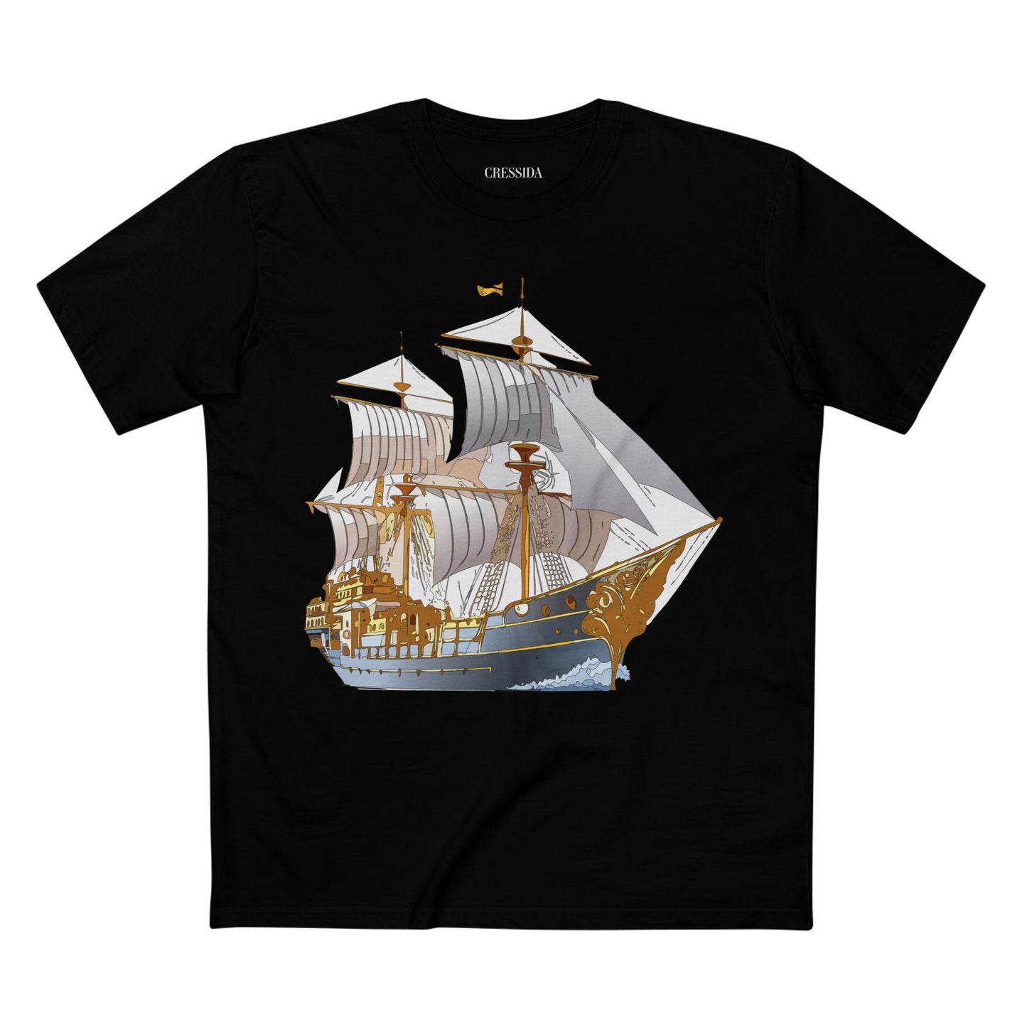 Ship Graphic Unisex 100 Cotton T-Shirt with Gold Frigate Art Design 13