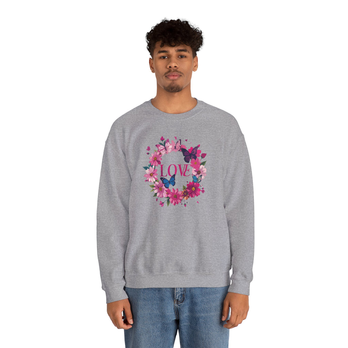 Unisex Floral Love Sweatshirt, Love Floral Sweatshirt, Floral Butterfly Sweatshirt, 50/50 Cotton-Poly Valentine's Day Sweatshirt 04