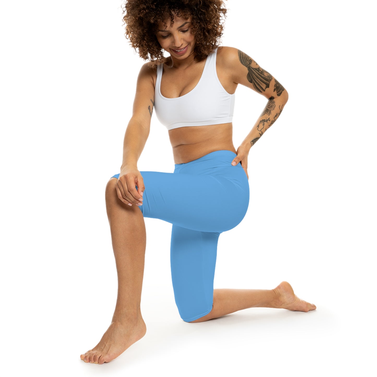 Cool Sky Blue Color Women's Brushed Suede Poly Span Casual Capri Leggings XS-2XL