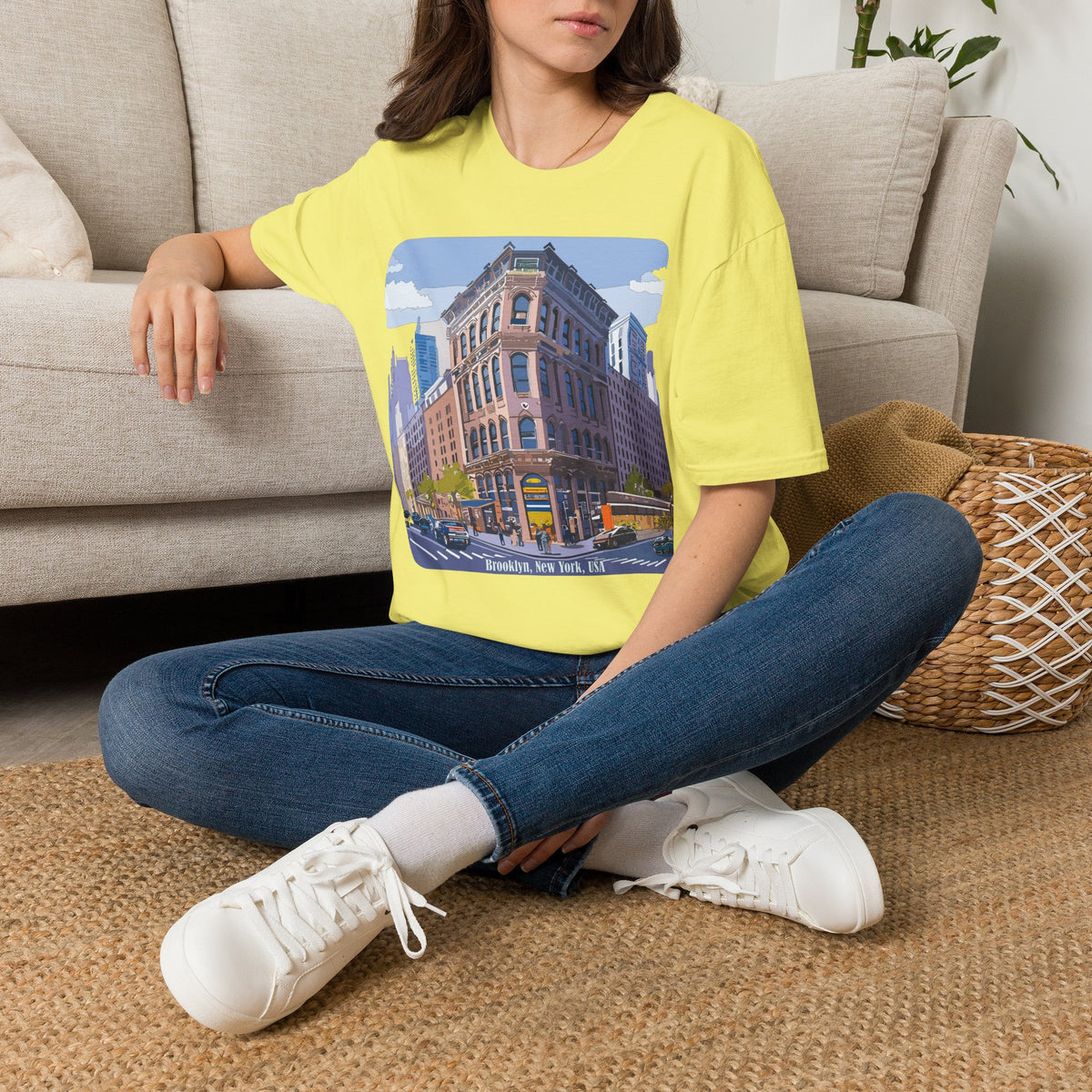 Brooklyn New York Retro Cityscape T-Shirt — Illustrated Landmark Tee Travel Tourist Graphic Design Unisex 100 Cotton Gildan T-Shirt