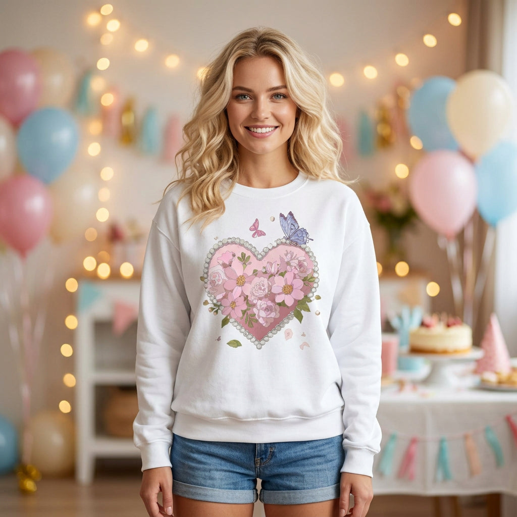 Floral Heart Love Graphic Valentine's Day Sweatshirt Unisex 50/50 Cotton-Poly Sweatshirt w28