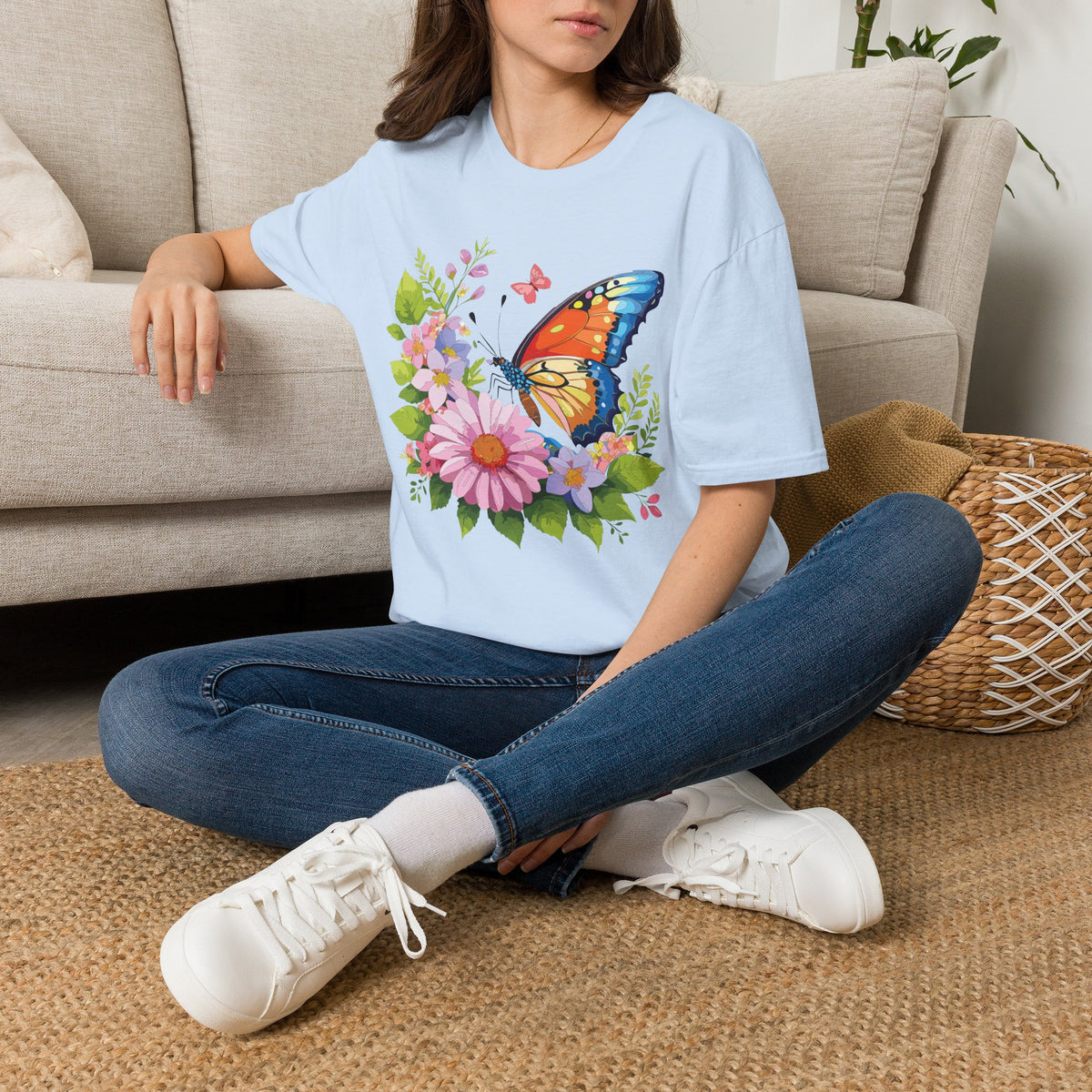 Butterfly Floral T-Shirt — Colorful Monarch & Spring Flowers Graphic Tee Unisex 100 Cotton Gildan T-Shirt