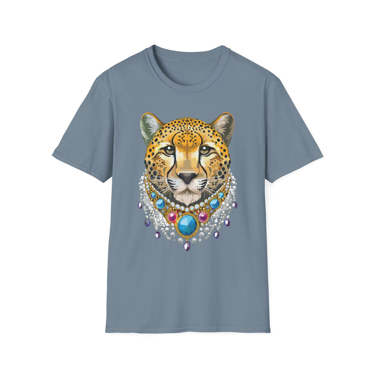 Leopard Portrait T-Shirt | Detailed Cheetah Face with Gem Necklace