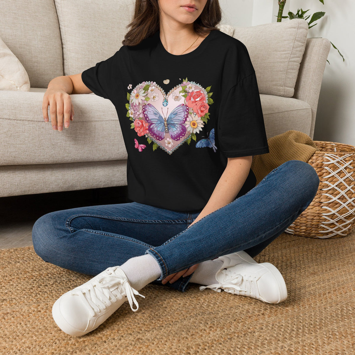 Floral Butterfly Heart Graphic Tee Unisex 100 Cotton Gildan T-Shirt
