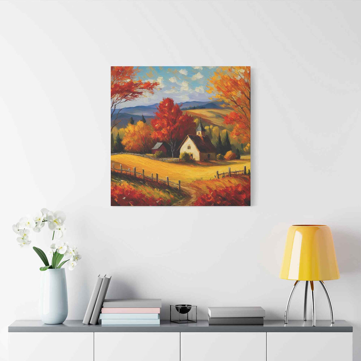 Countryside Fall Print Canvas, Oil Paint Print 20x20, 24x24, 30x30, 32x32, 36x36 Art Design Pine-Wood Inner Frame MC-106