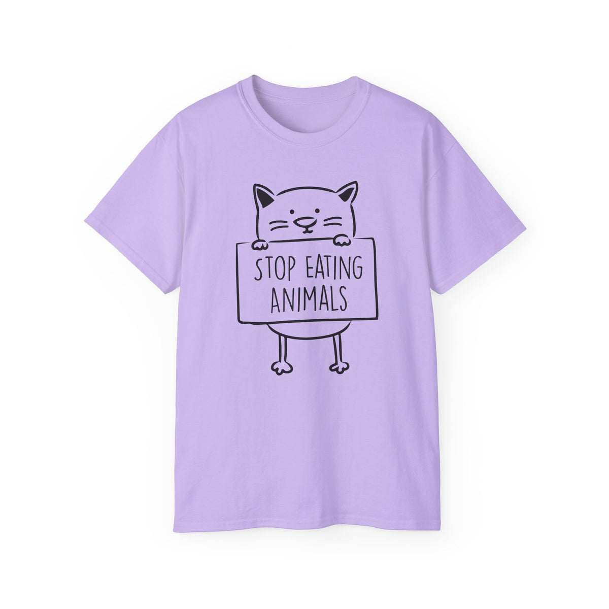 Cat Holding Sign Stop Eating Animals T-Shirt | Vegan Animal Rights Tee