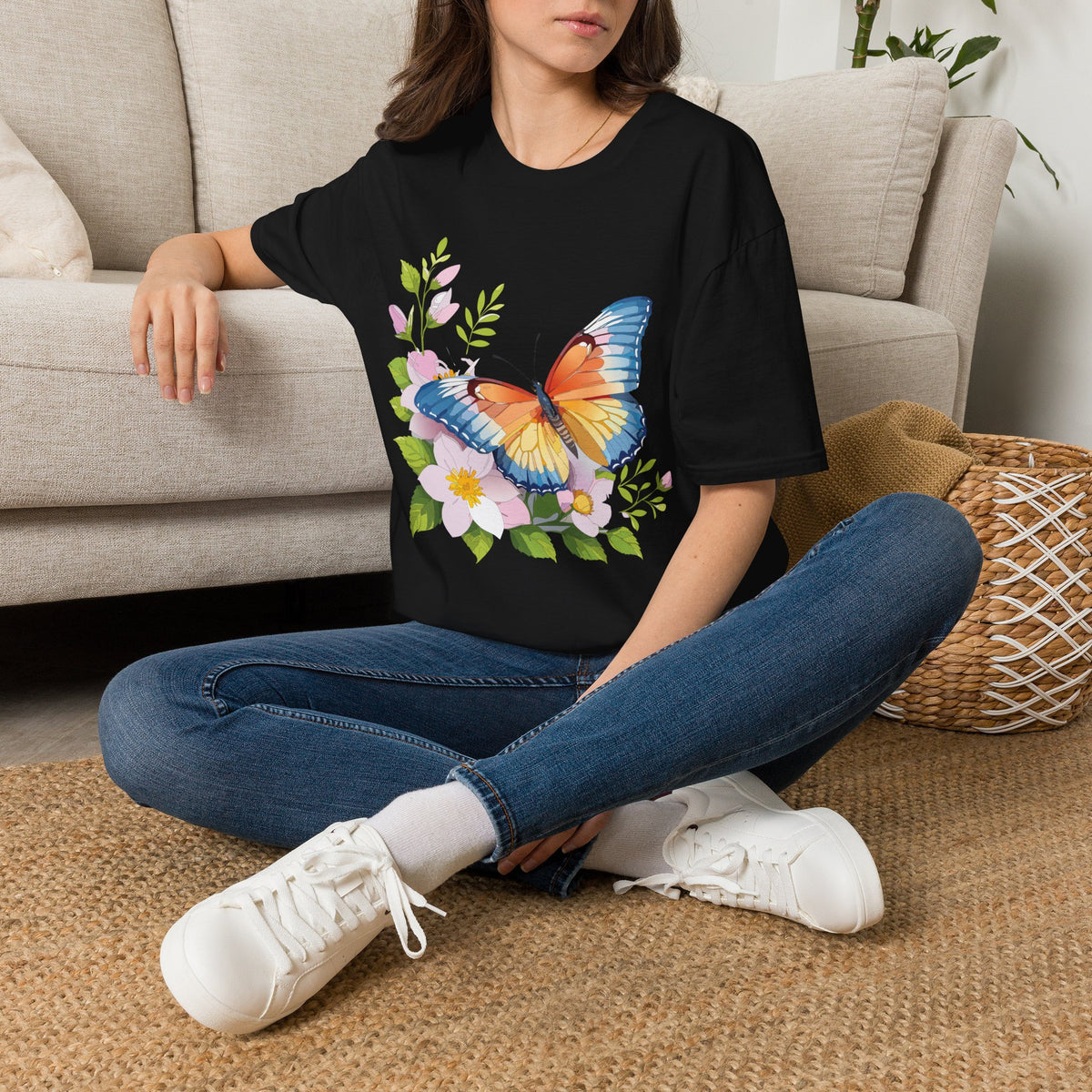 Butterfly Floral T-Shirt — Watercolor Orange & Blue Butterfly on Blossoms Graphic Design Unisex 100 Cotton Gildan T-Shirt