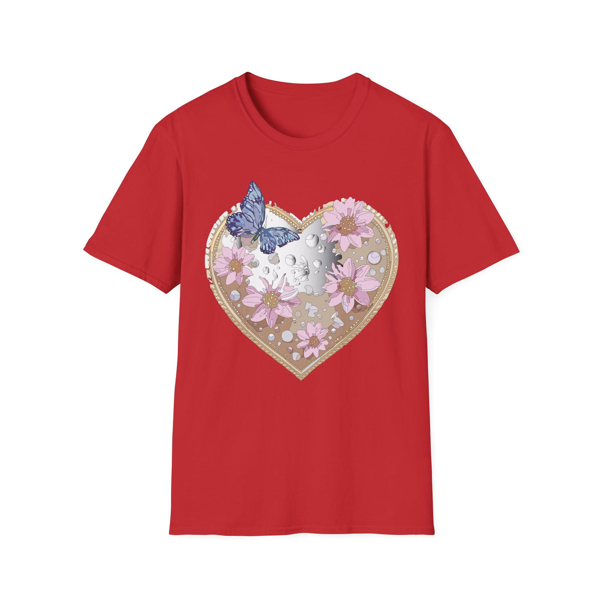 Floral Heart with Butterfly T-Shirt | Pink Flowers, Moon Phases Graphic Tee Unisex 100 Cotton Gildan T-Shirt