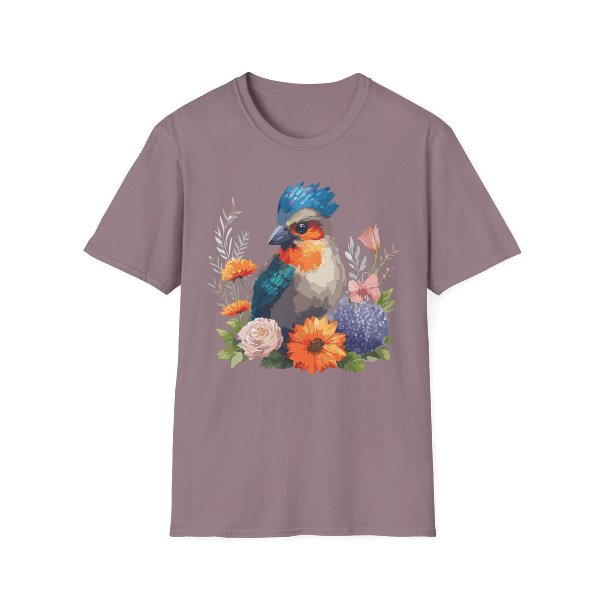 Colorful Crested Bird T-Shirt | Watercolor Floral Illustration