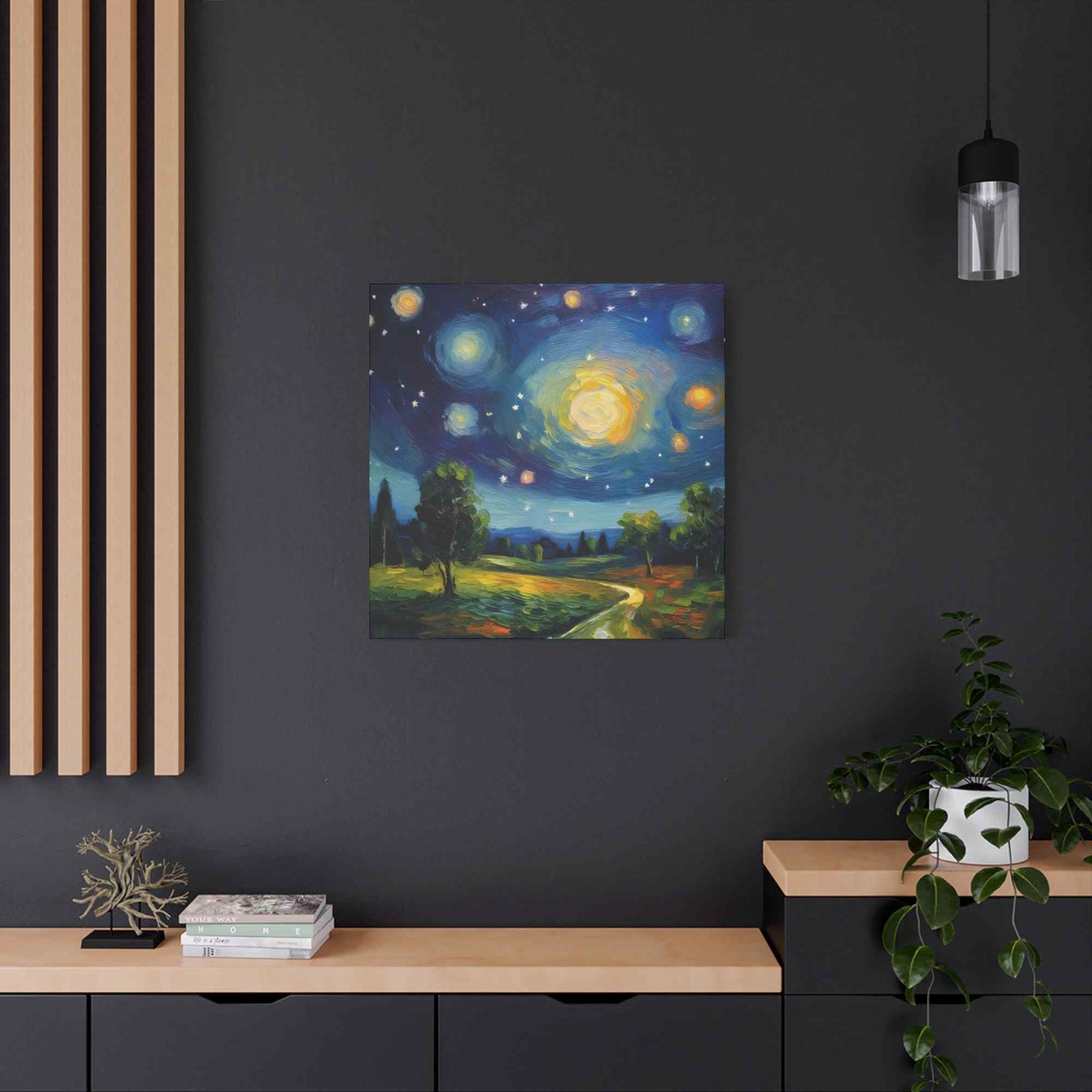 Starry Night Print Canvas, Oil Paint Print 20x20, 24x24, 30x30, 32x32, 36x36 Art Design Print Pine-Wood Inner Frame MC-40