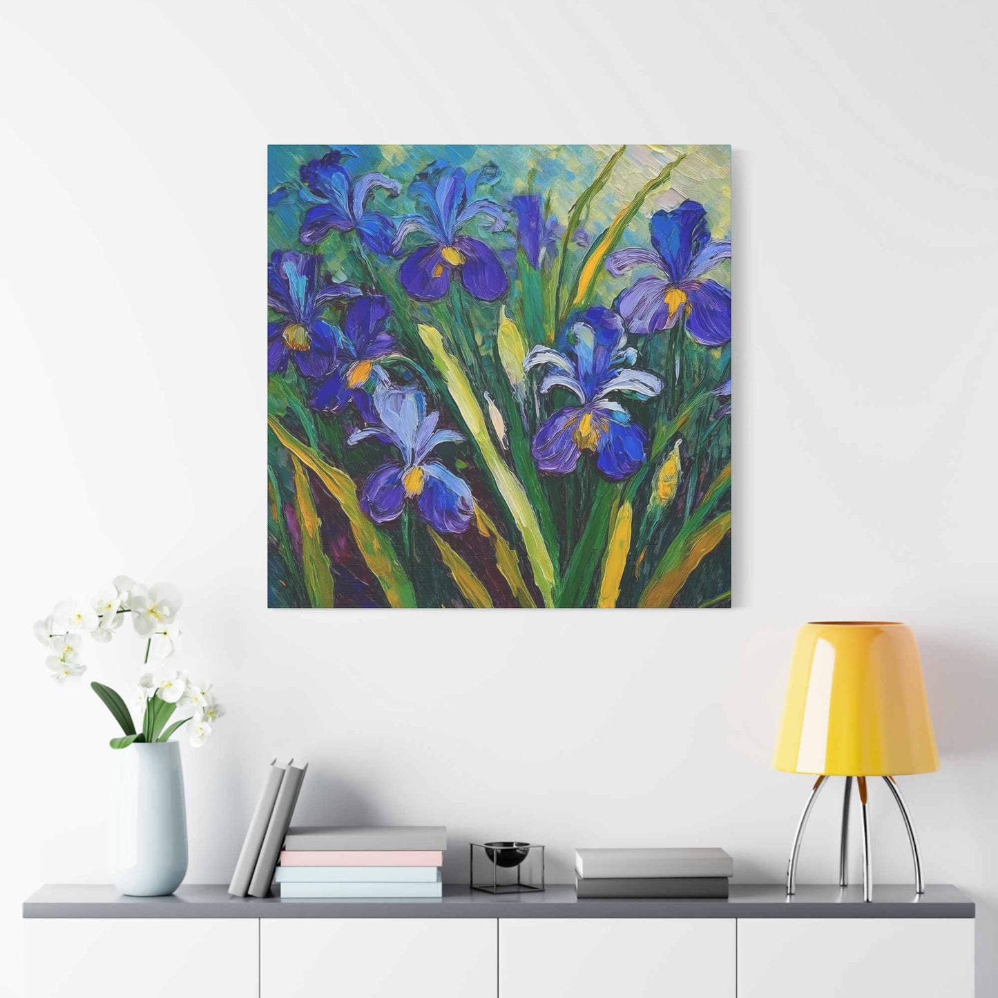 Irises Floral Print Canvas, Floral Oil Paint Print 20x20, 24x24, 30x30, 32x32, 36x36 Art Design Pine-Wood Inner Frame MC-187