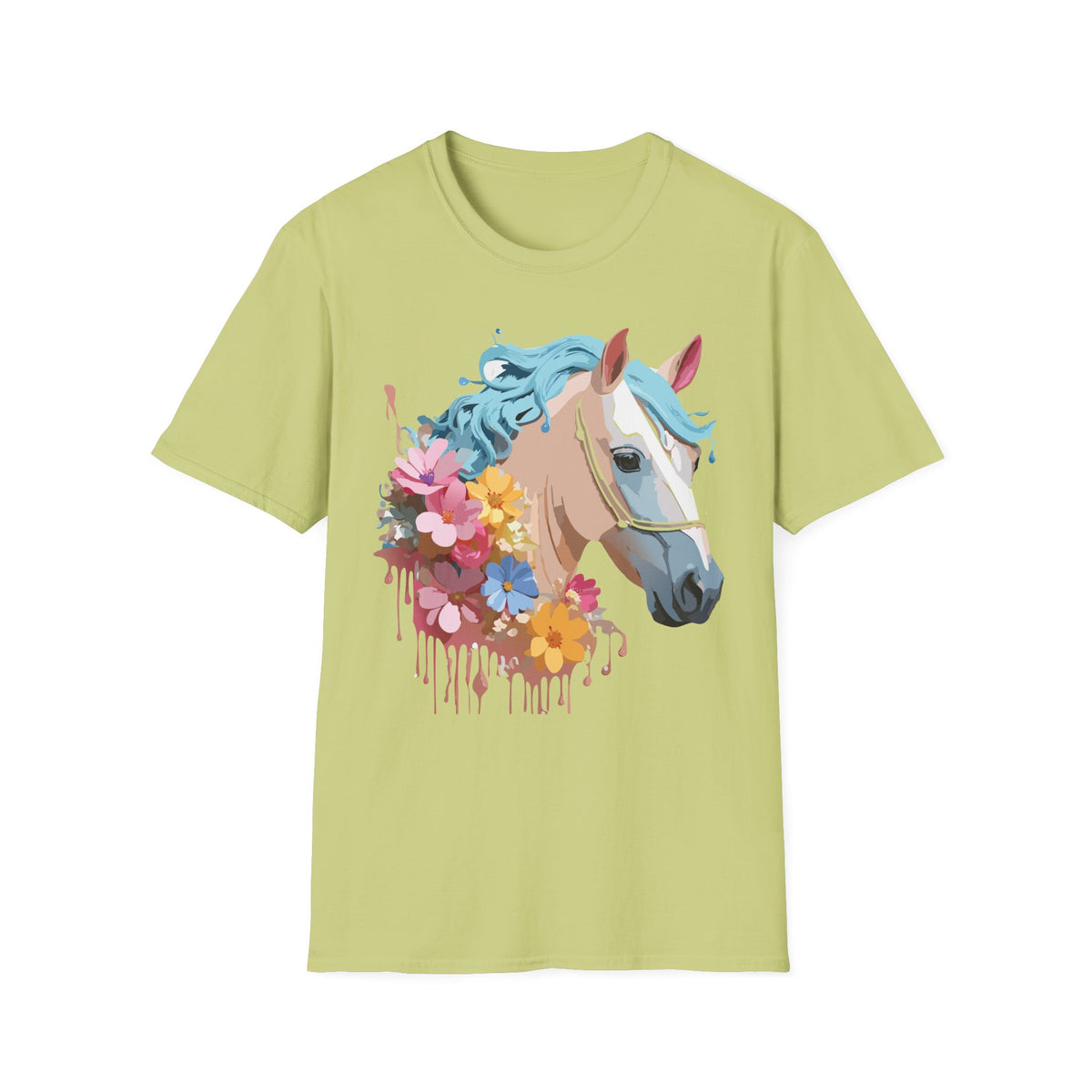 Floral Horse Illustration T-Shirt | Pastel Blue Mane, Watercolor Flowers