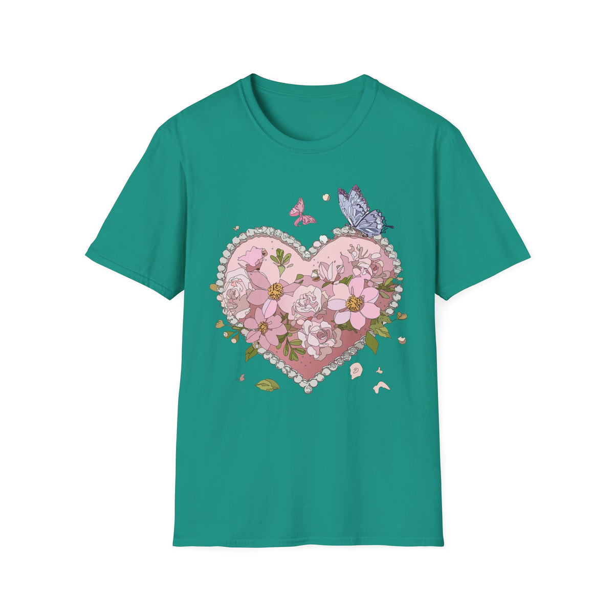 Floral Heart with Butterflies T-Shirt | Pink Flower Heart Graphic Tee Unisex 100 Cotton Gildan T-Shirt