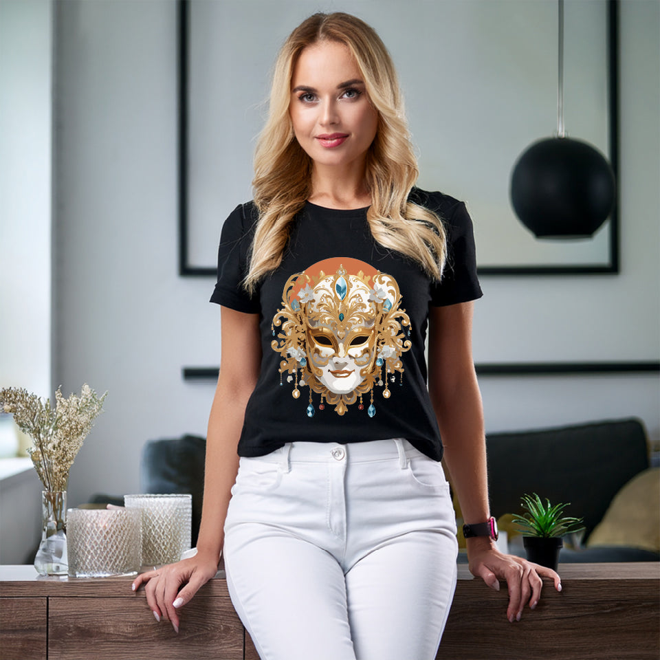 Carnival Mask Graphic T-Shirt Unisex 100 Cotton With Antique Gold Art Design Tee 2
