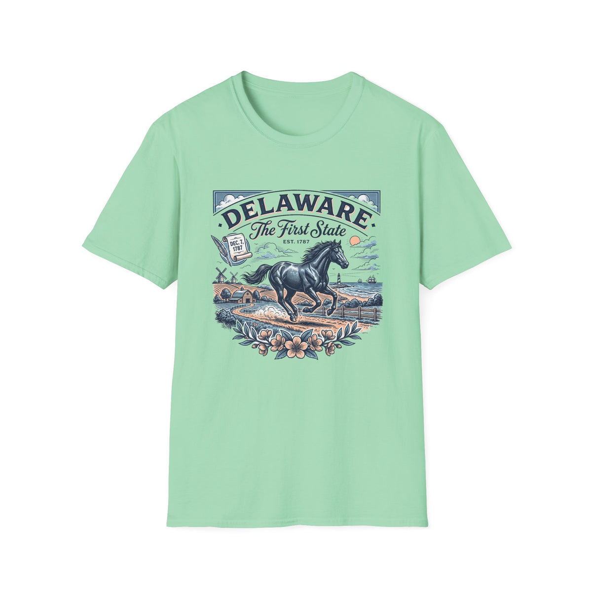 Delaware The First State Horse Travel Tourist Graphic Tee Unisex 100 Cotton Gildan T-Shirt