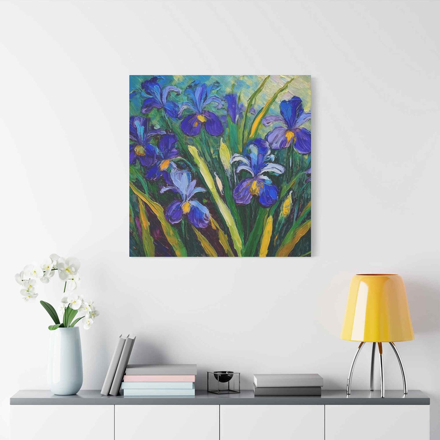 Irises Floral Print Canvas, Floral Oil Paint Print 20x20, 24x24, 30x30, 32x32, 36x36 Art Design Pine-Wood Inner Frame MC-187