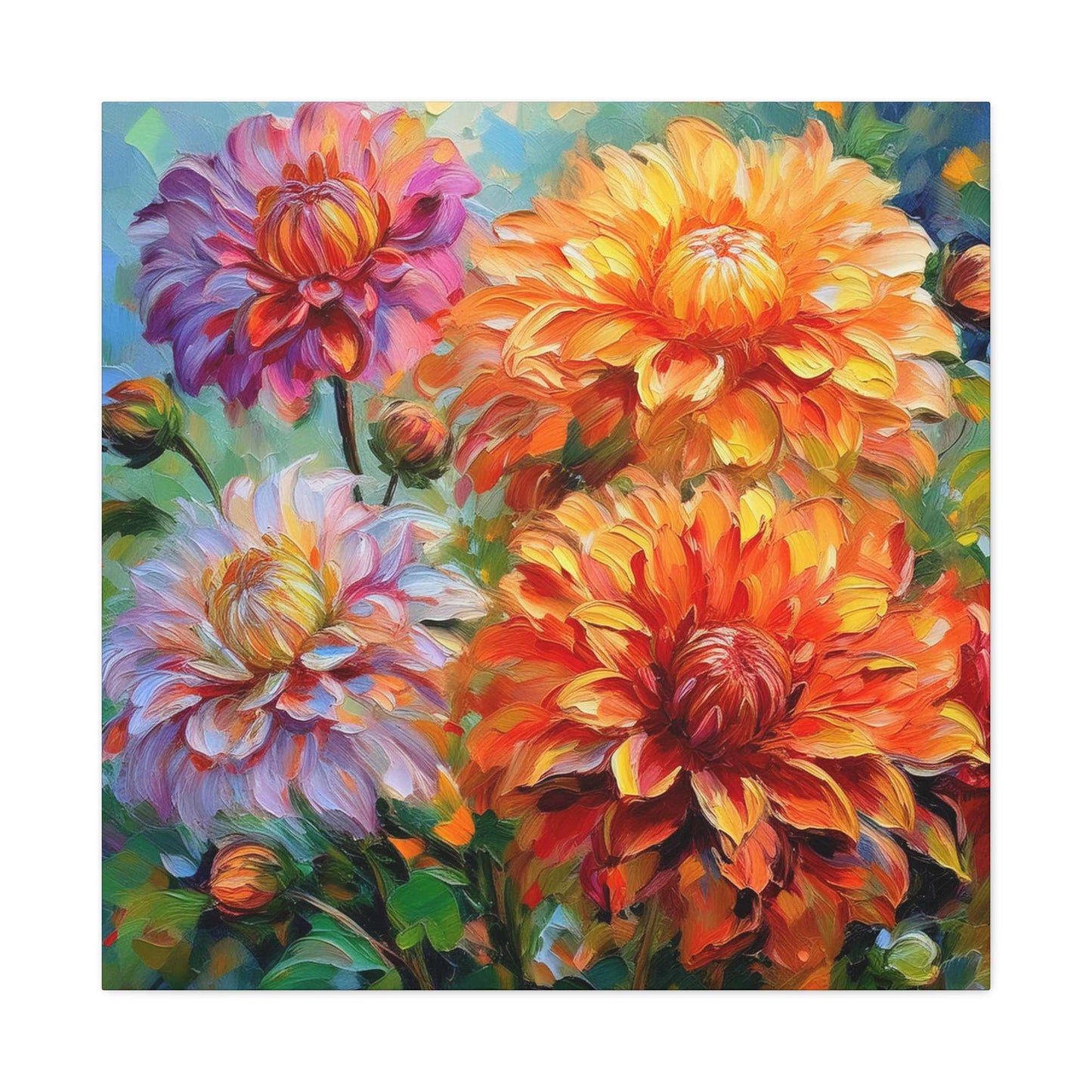 Dahlias Floral Print Canvas, Floral Oil Paint Print 20x20, 24x24, 30x30, 32x32, 36x36 Art Design Pine-Wood Inner Frame MC-166