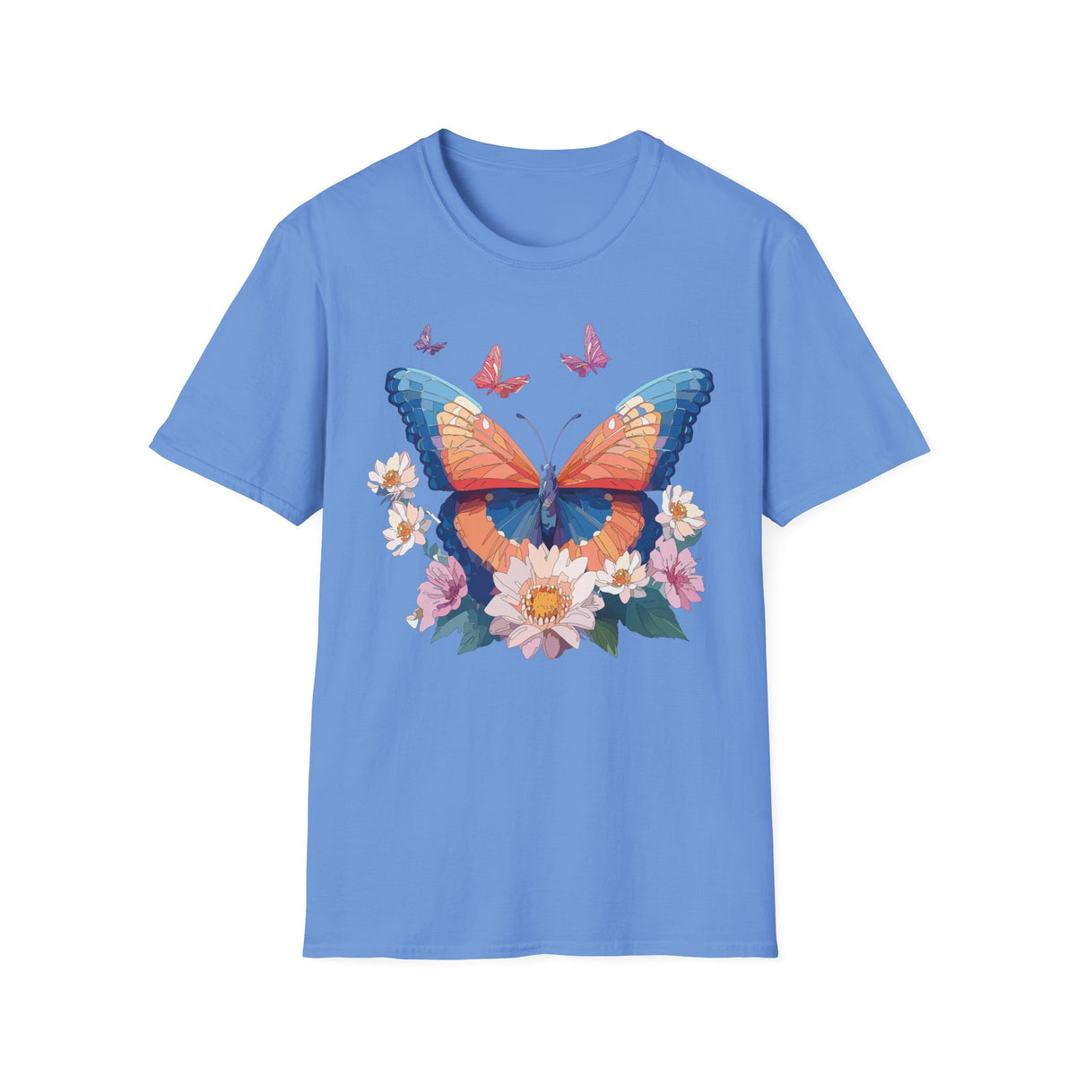 Butterfly Floral T-Shirt – Vibrant Orange & Blue Butterfly with Flowers Graphic Tee Unisex 100 Cotton Gildan T-Shirt
