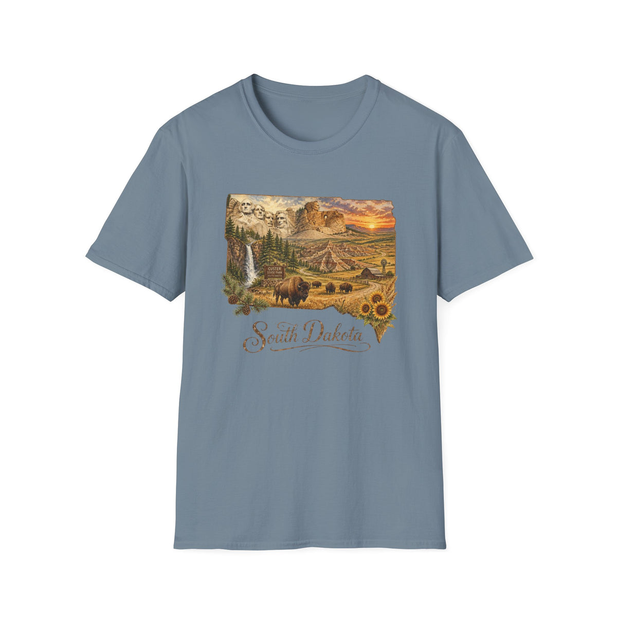 South Dakota Scenic T-Shirt — State Landscape Sunset Travel Tourist Graphic Design Unisex 100 Cotton Gildan T-Shirt