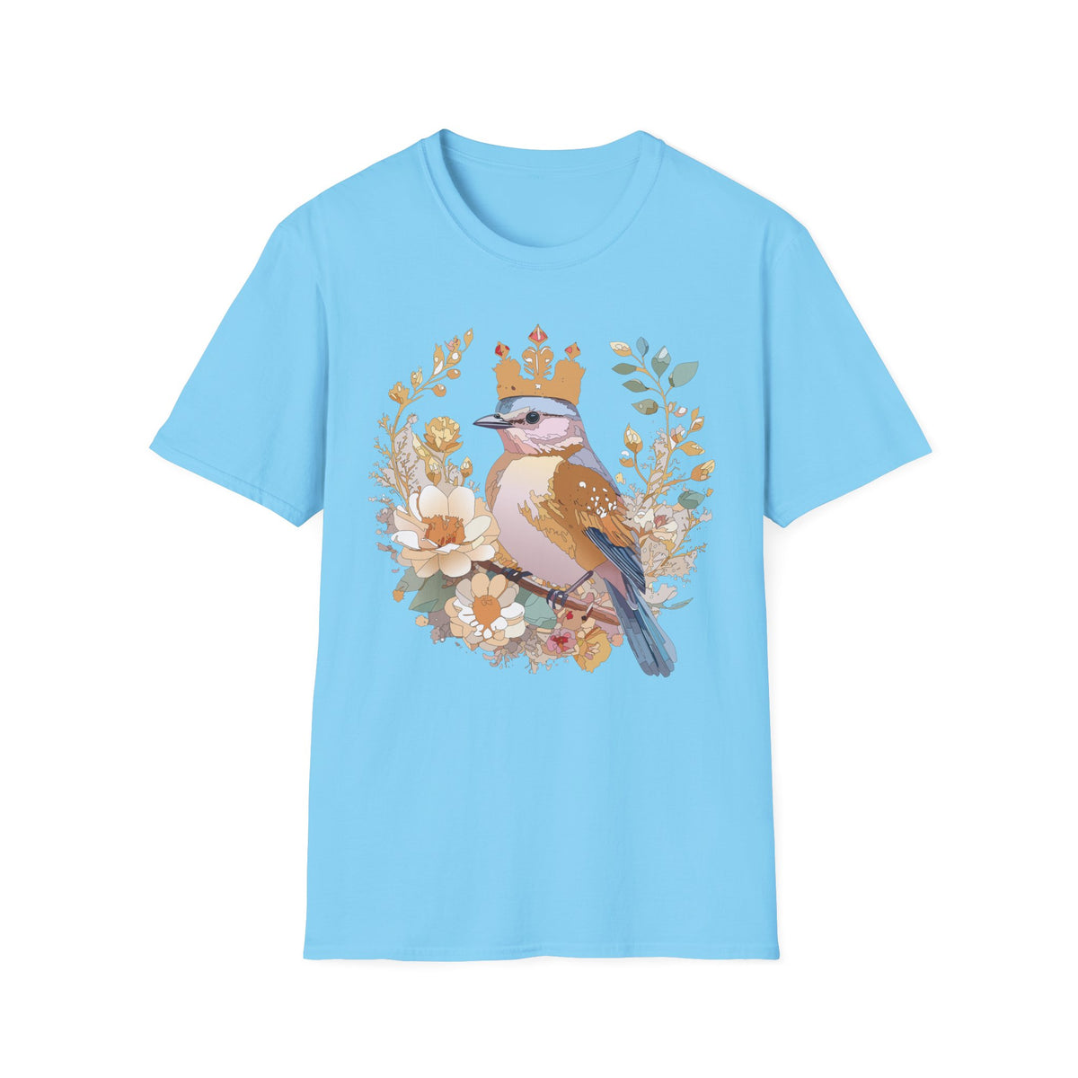 Crowned Blue Jay Bird Floral Illustration T-Shirt | Nature Bird Tee