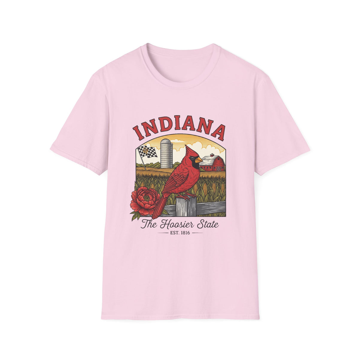 Indiana Cardinal Bird Tee — The Hoosier State Vintage Farm Design Travel Tourist Graphic Design Unisex 100 Cotton Gildan T-Shirt