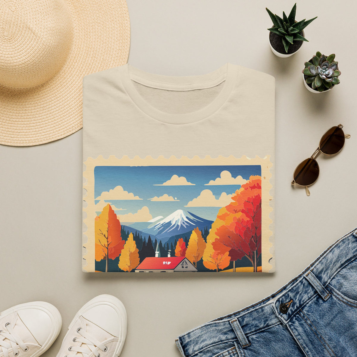 Autumn Mountain Cabin T-Shirt | Fall Landscape Stamp Art