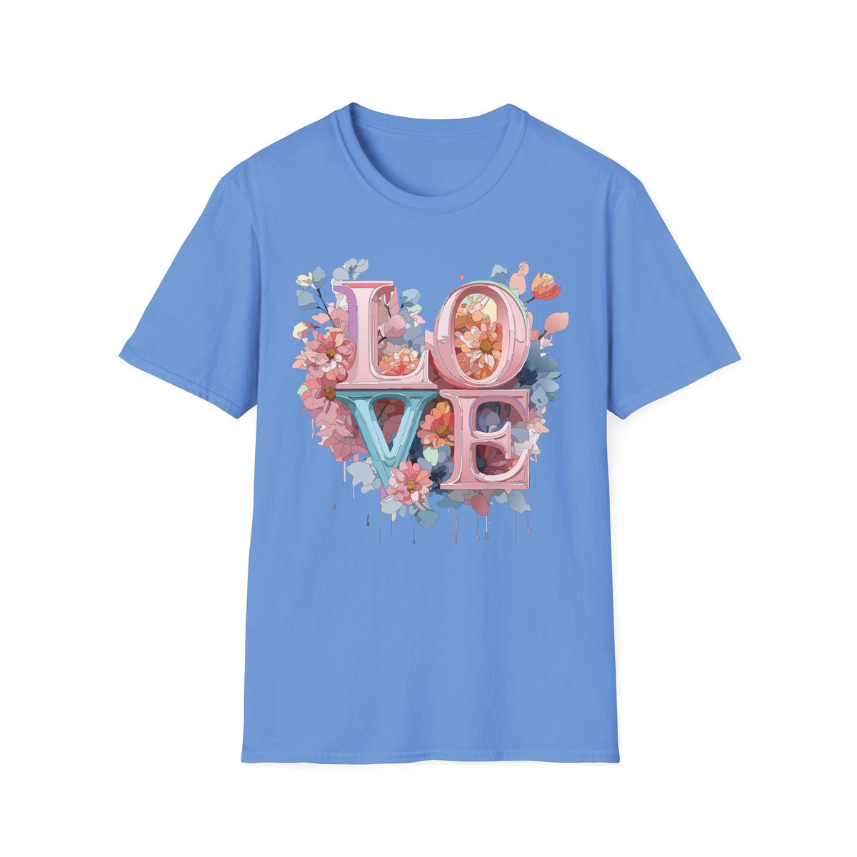 Floral LOVE Lettering T-Shirt | Pink Blue Floral Typography Tee