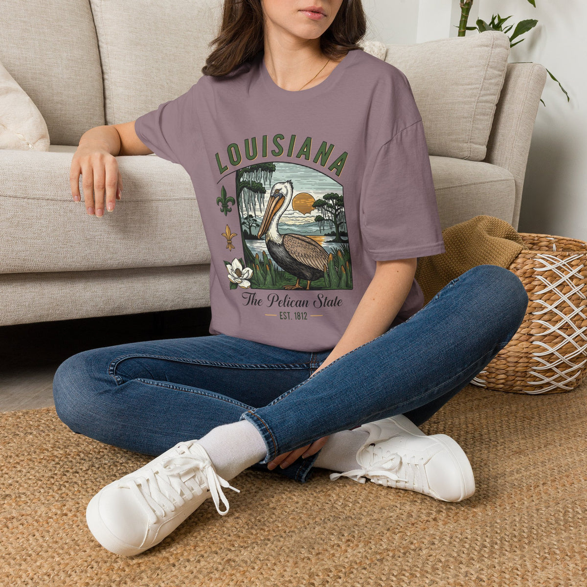 Louisiana Pelican State Graphic T-Shirt — Vintage Bayou Sunset Travel Tourist Graphic Design Unisex 100 Cotton Gildan T-Shirt