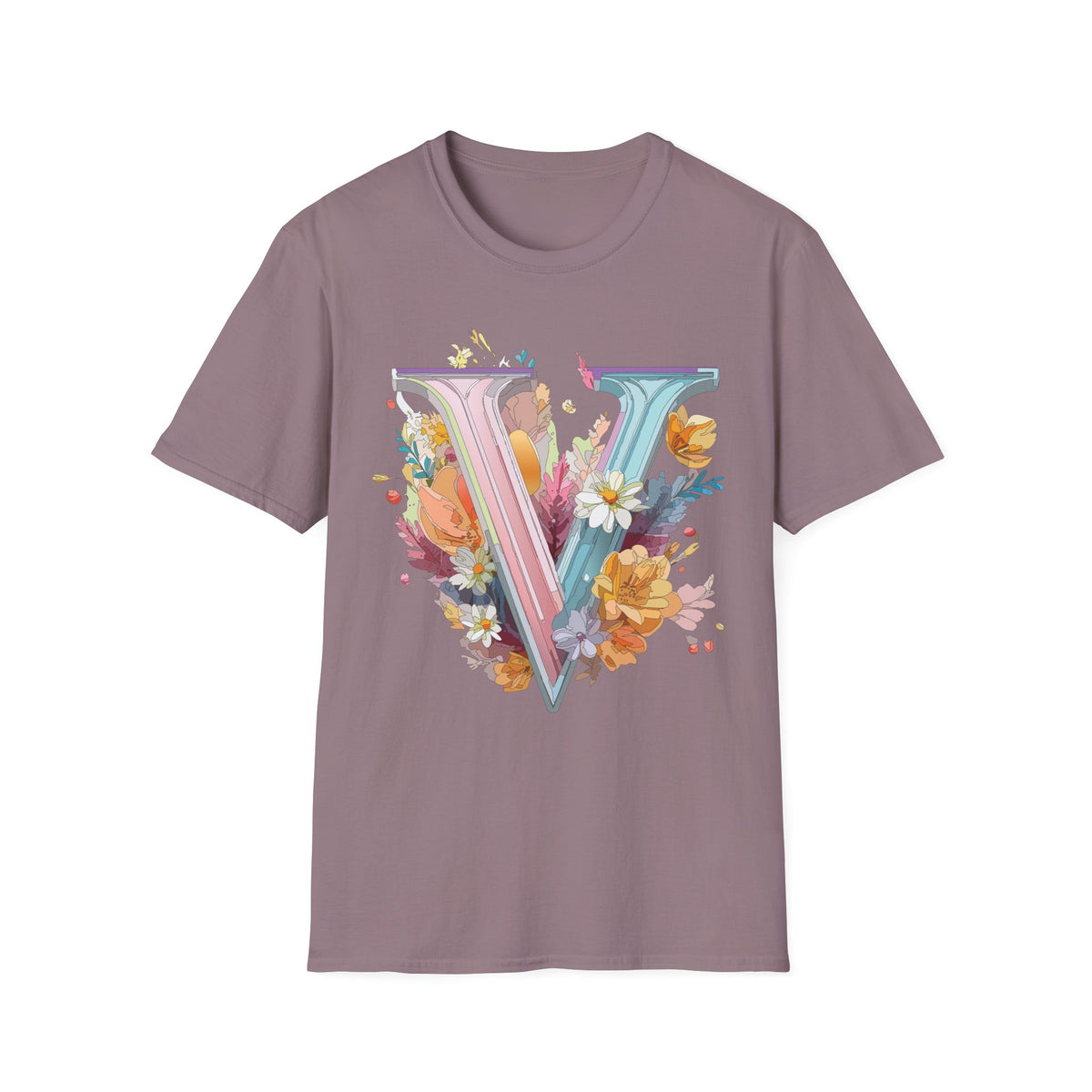 Floral Letter V T-Shirt | Pastel Botanical Initial Tee