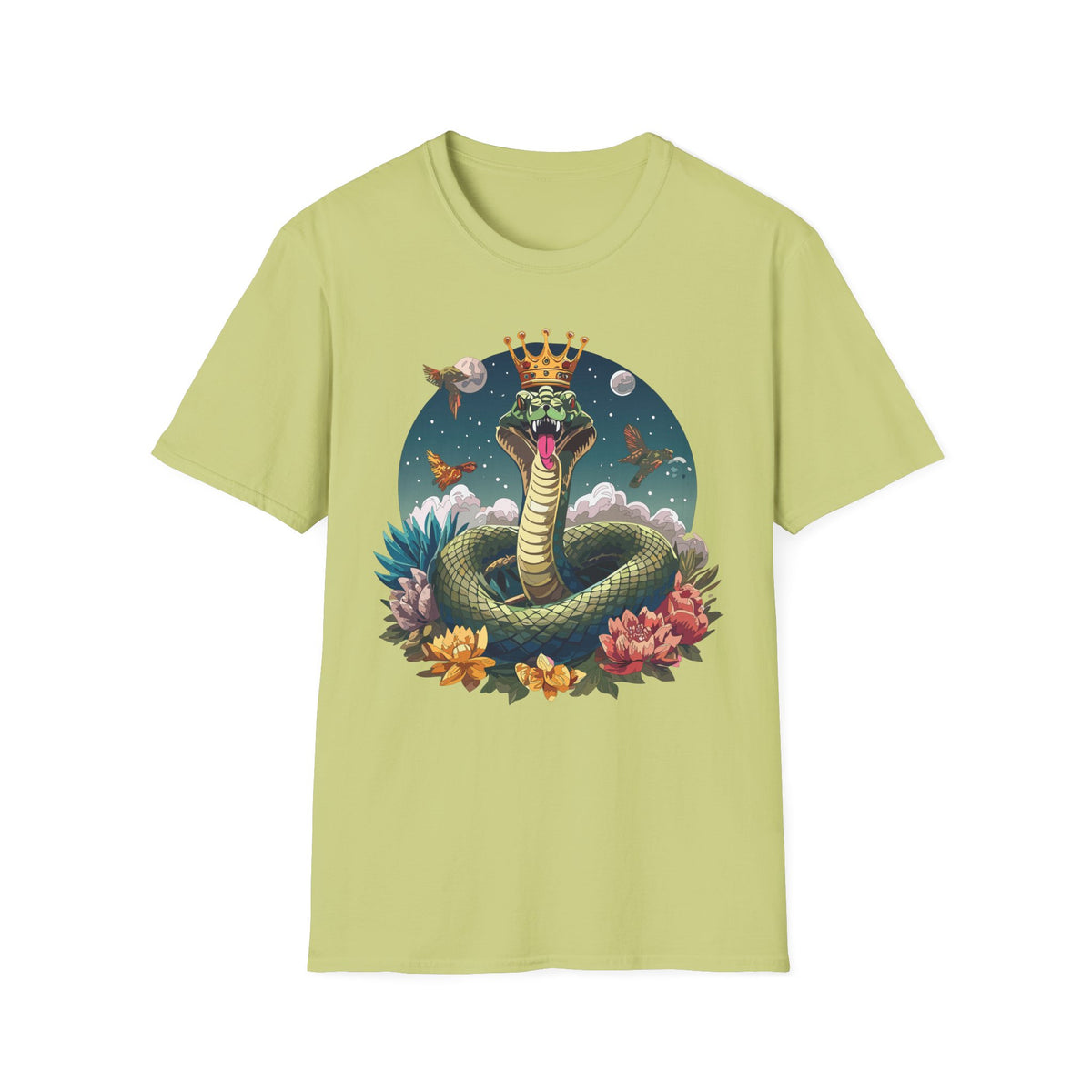 Crowned Snake Illustration T-Shirt | Regal Serpent, Floral Night Scene