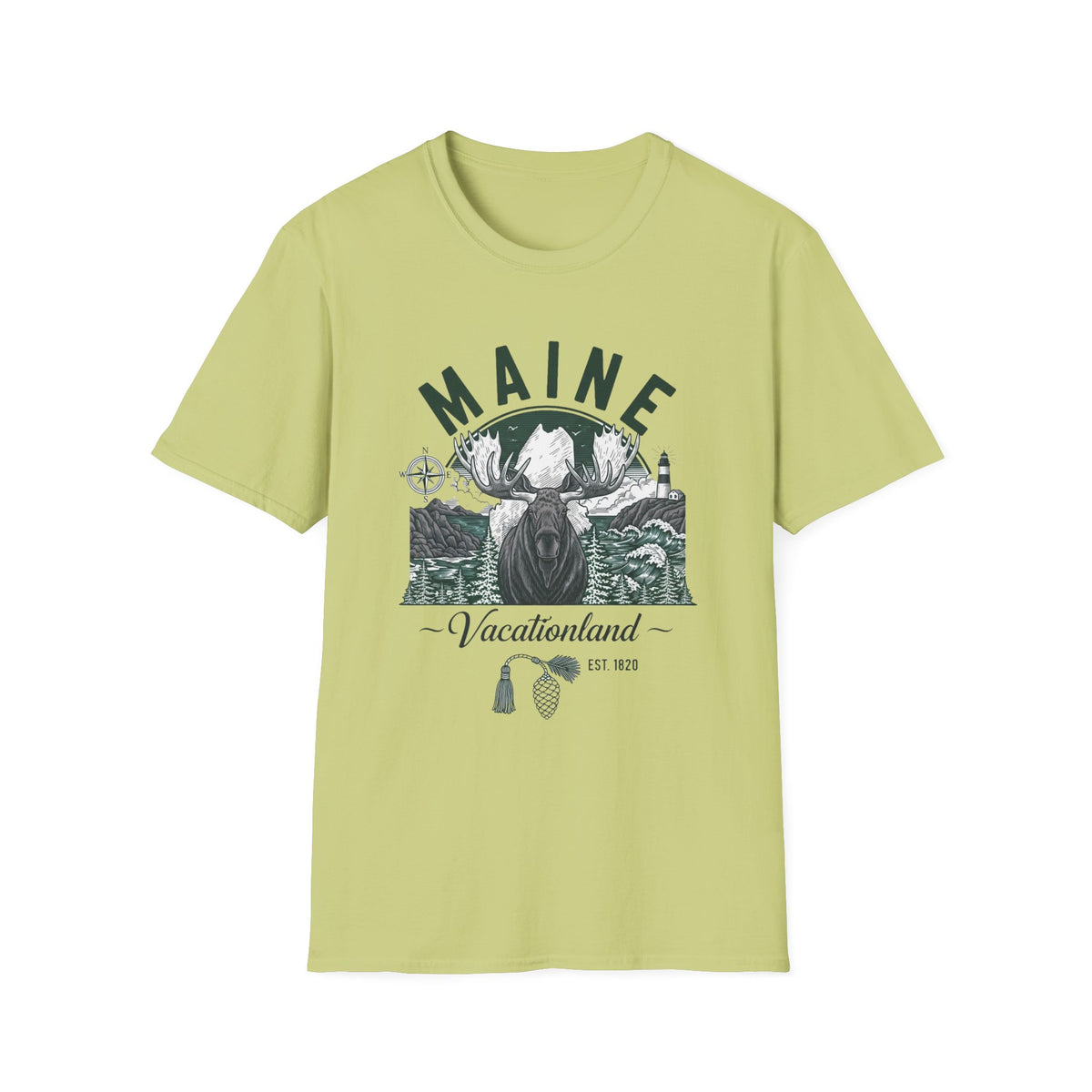 Maine Vacationland Moose T-Shirt — Rustic Coastal State Pride Tee Travel Tourist Graphic Design Unisex 100 Cotton Gildan T-Shirt