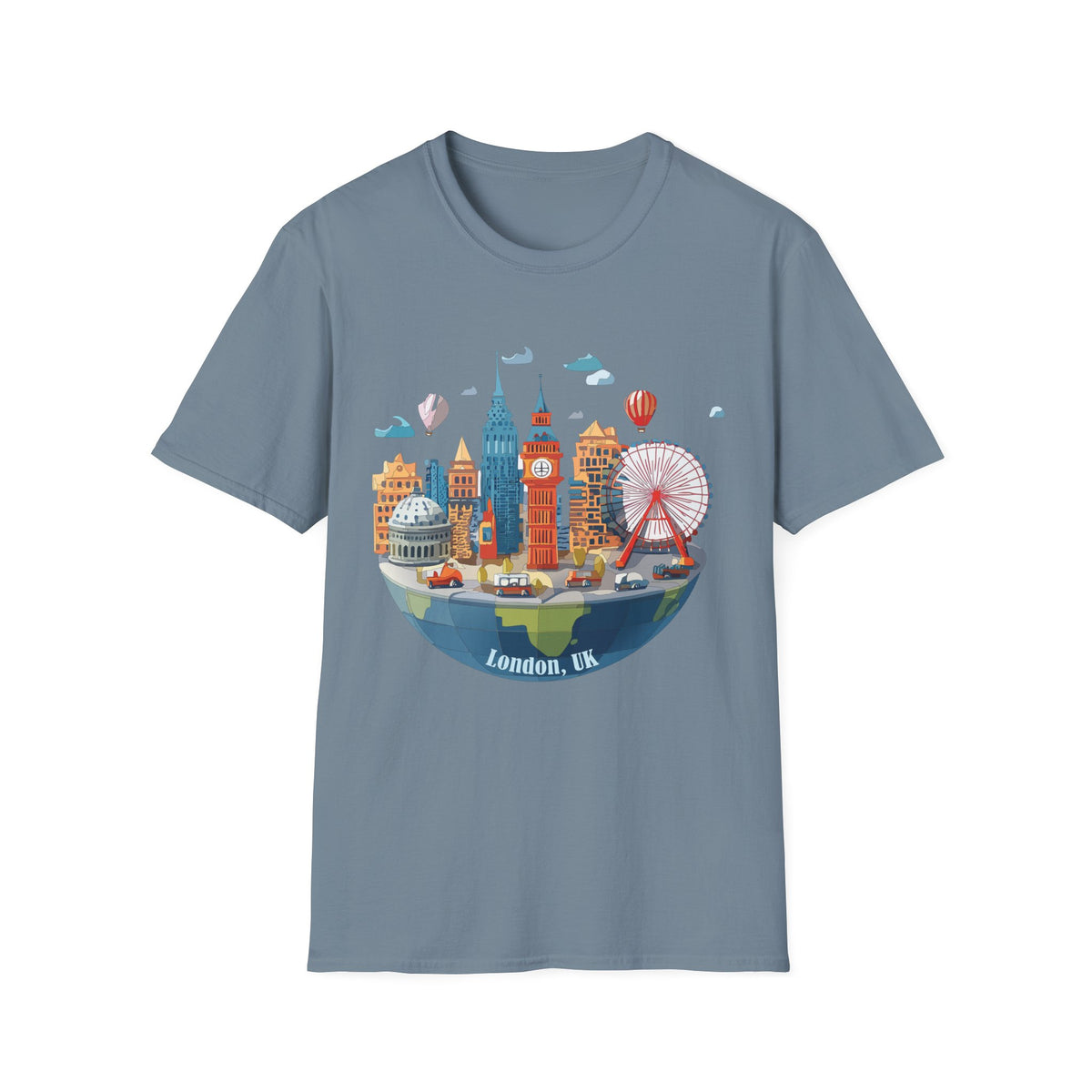 London Skyline Illustration T-Shirt | Big Ben, London Eye, Hot Air Balloons