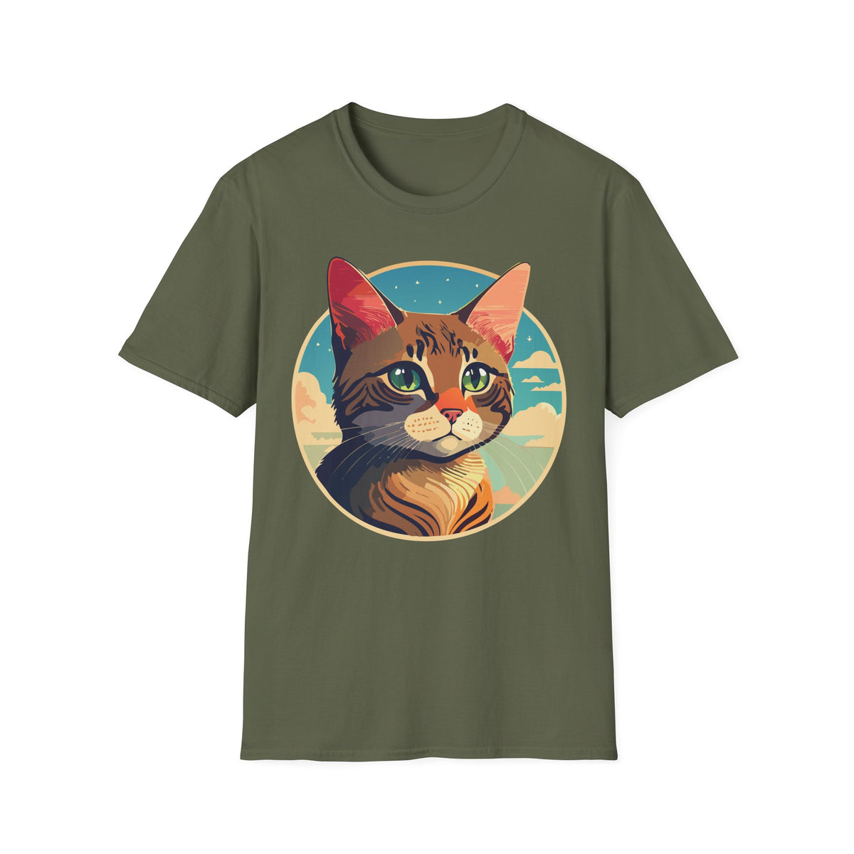 Retro Sunset Tabby Cat T-Shirt | Vintage Cat Portrait, Nautical Sky