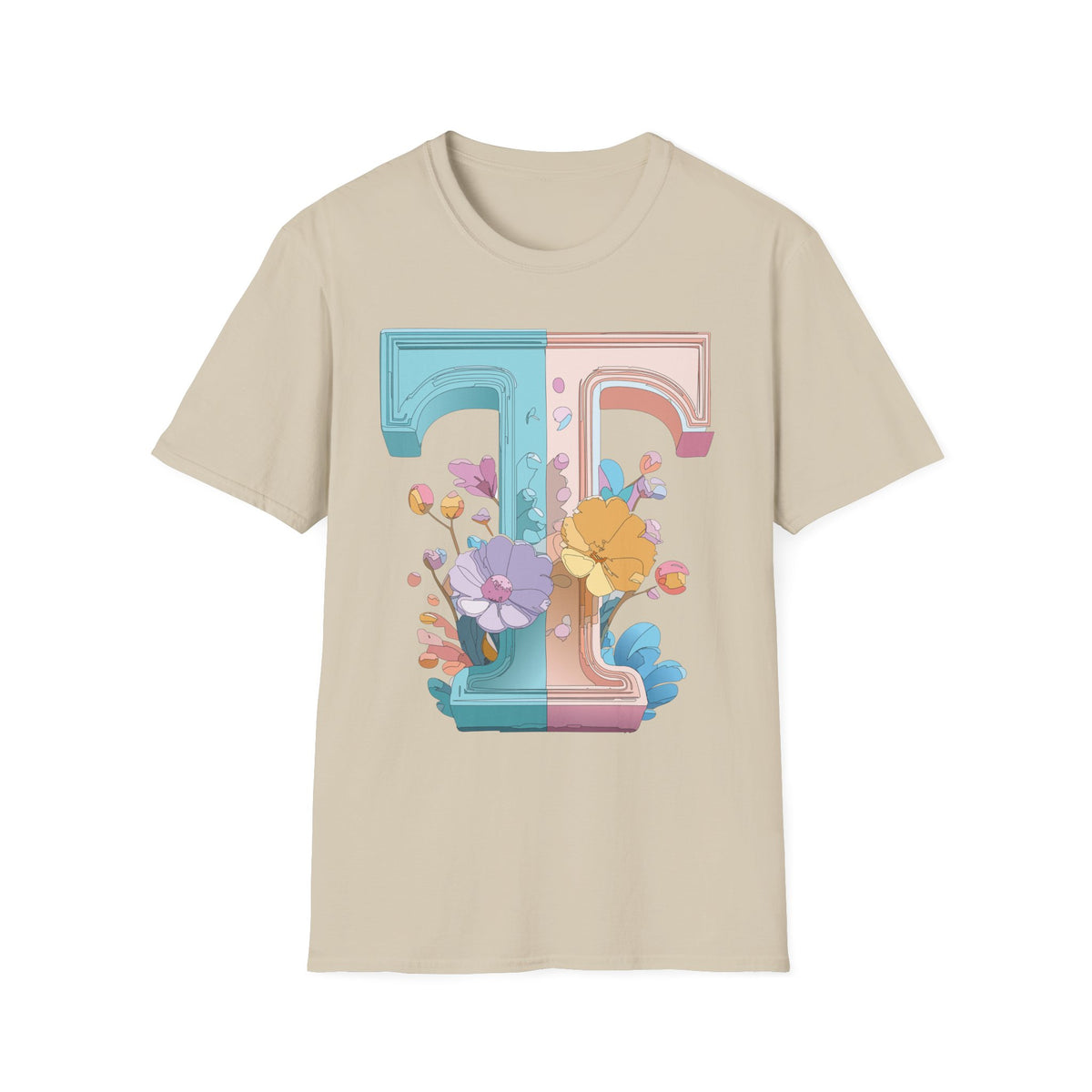 Floral Split Letter T-Shirt T Pastel Floral Initial Tee