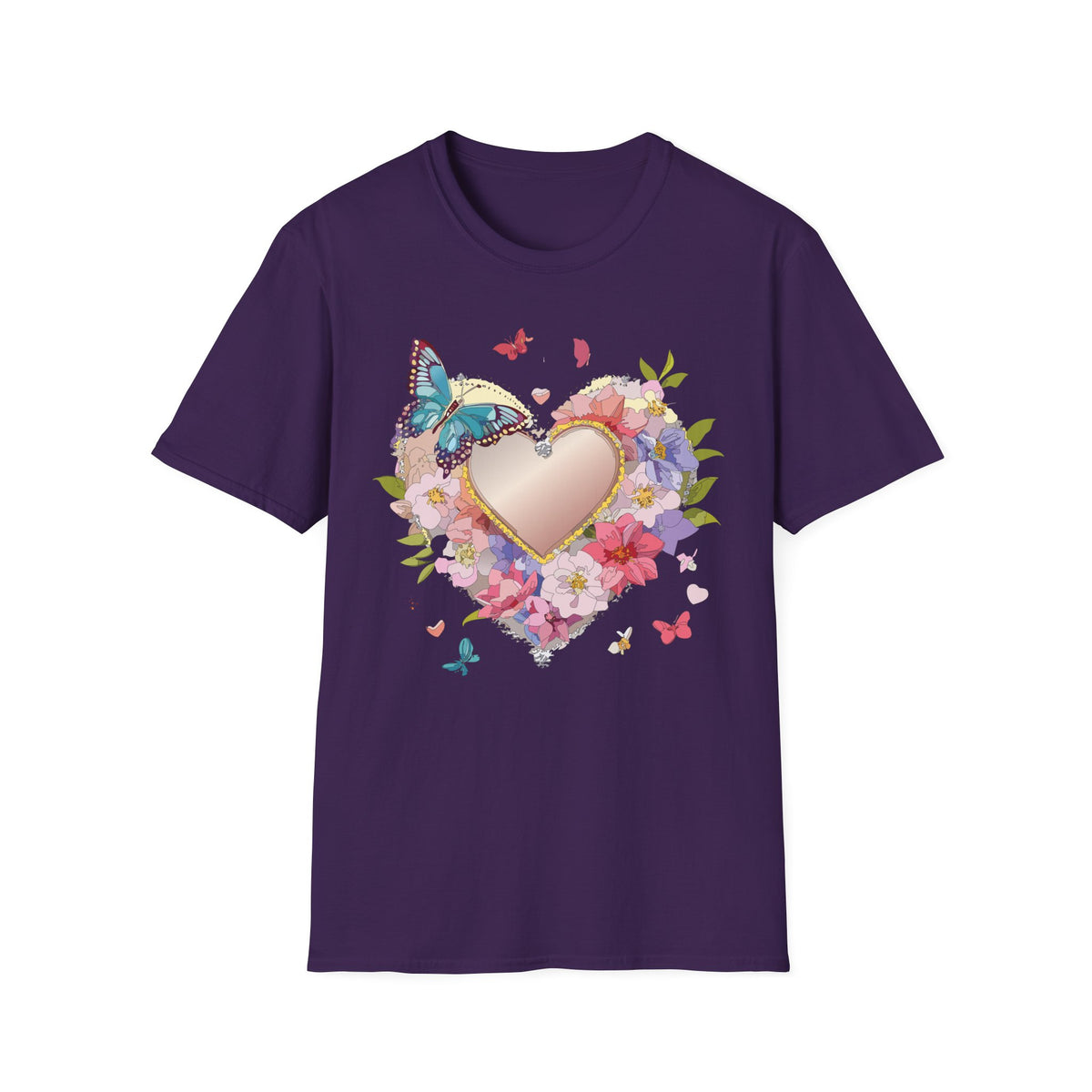Butterfly Floral Heart Pink Gold Heart with Flowers and Butterflies Graphic Design Unisex 100 Cotton Gildan T-Shirt