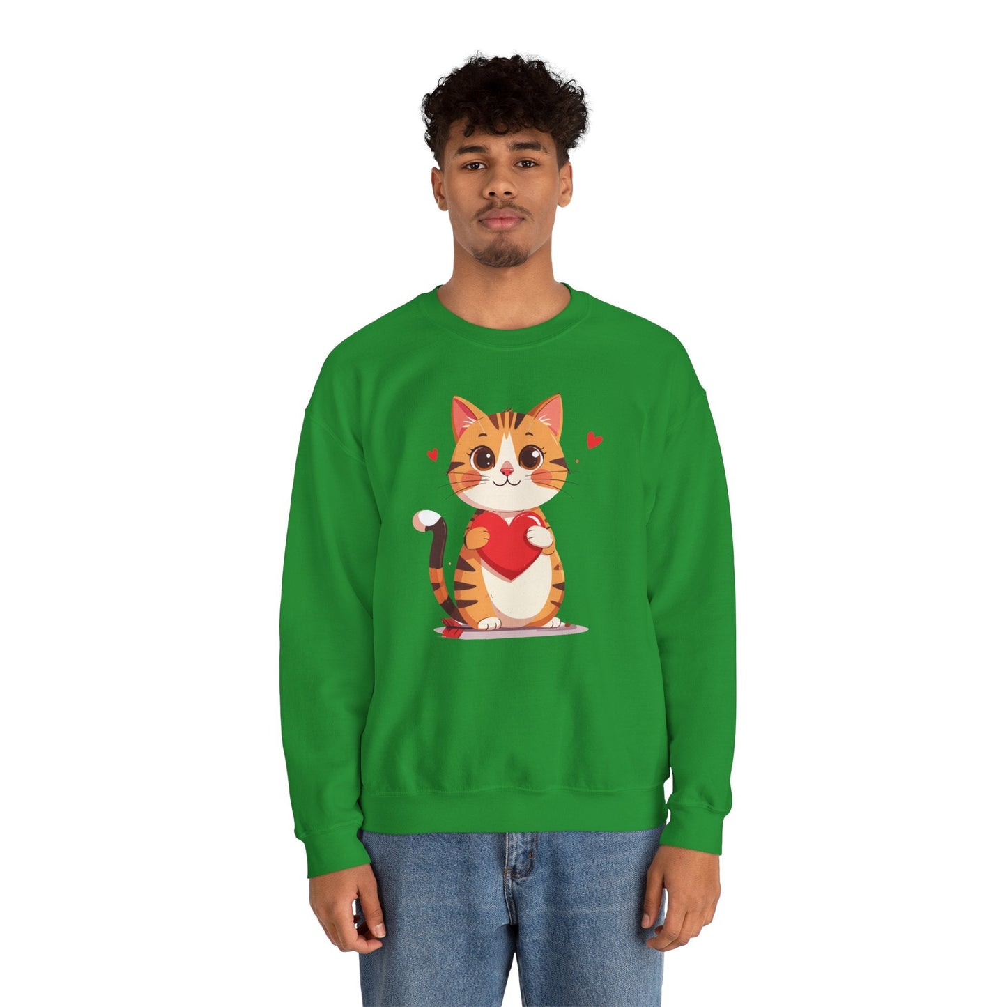 Cat Heart Sweatshirt Unisex Fifty Fifty Cotton Polyester Crewneck Valentines Day Gildan 18000
