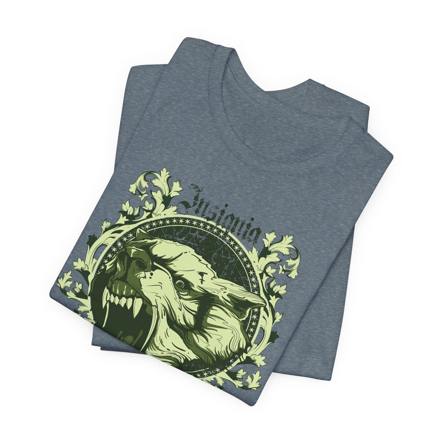 Howling Wolf Skull Tee Gothic Vintage Crest, Green Graphic Shirt Art-54