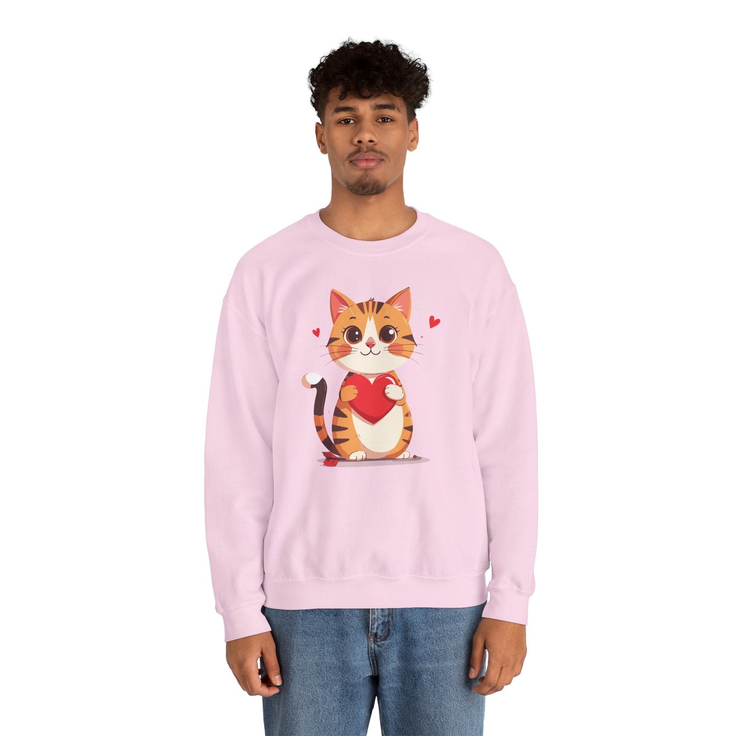 Cat Heart Sweatshirt Unisex Fifty Fifty Cotton Polyester Crewneck Valentines Day Gildan 18000