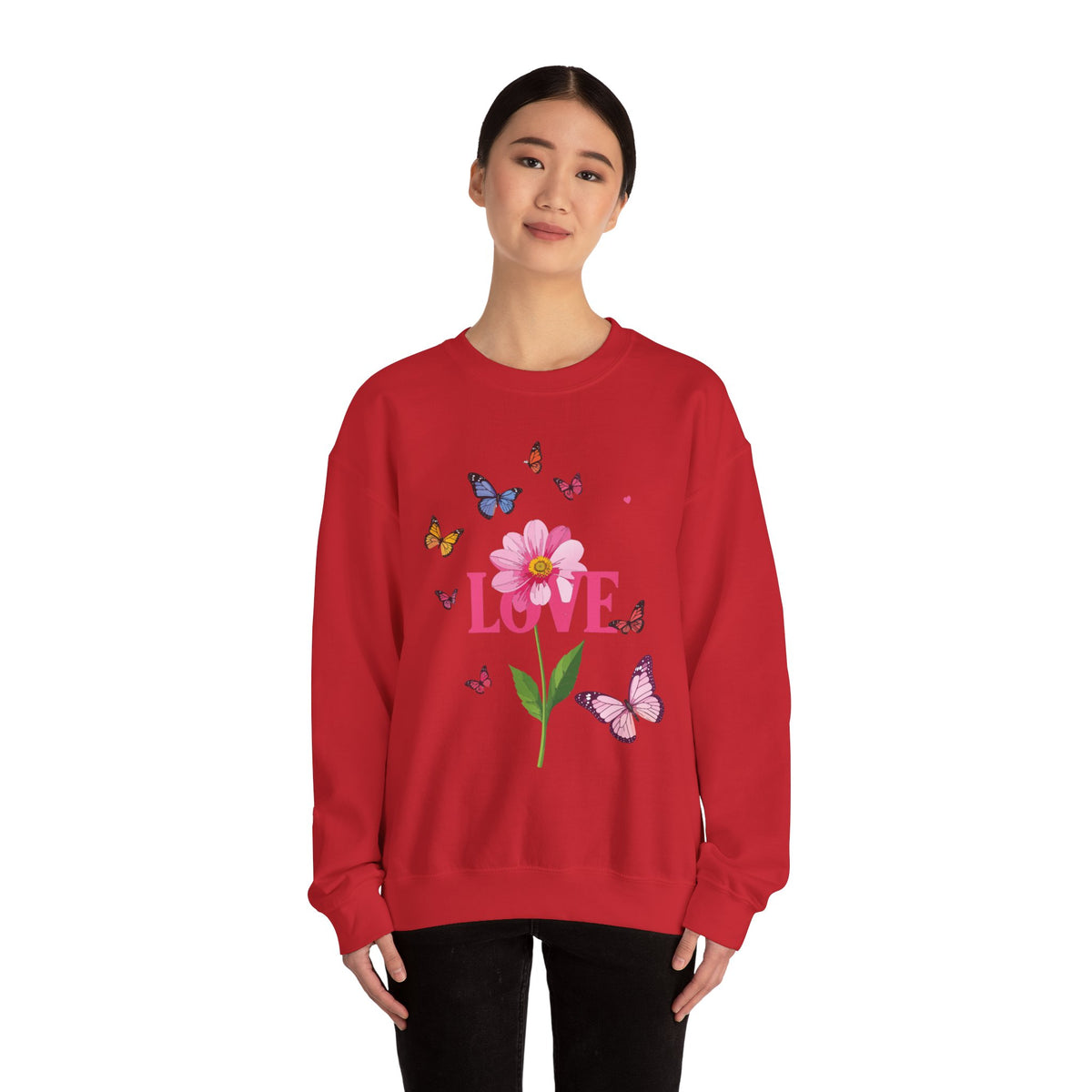 Unisex Floral Love Sweatshirt, Love Floral Sweatshirt, Floral Butterfly Sweatshirt, 50/50 Cotton-Poly Valentine's Day Sweatshirt 01