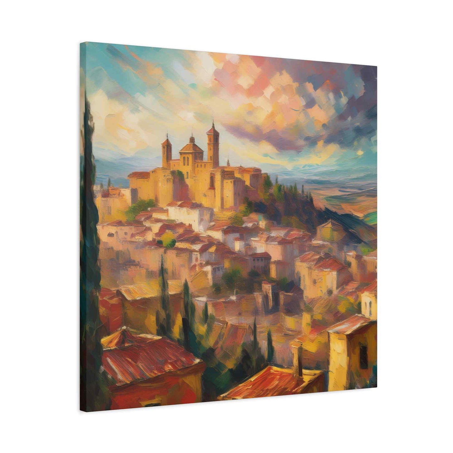 Spanish City Print Canvas, Oil Paint Print 20x20, 24x24, 30x30, 32x32, 36x36 Art Design Print Pine-Wood Inner Frame MC-58