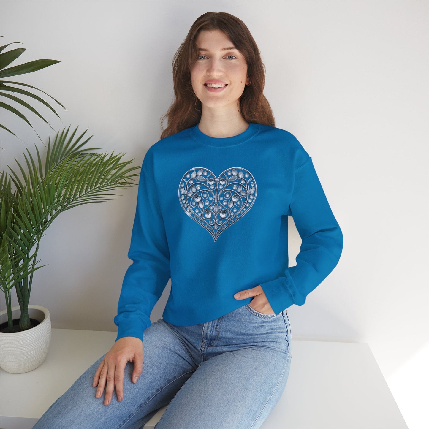 Big Crystal Heart Sweatshirt Unisex Fifty Fifty Cotton Poly Crewneck Valentines Day Sweatshirt