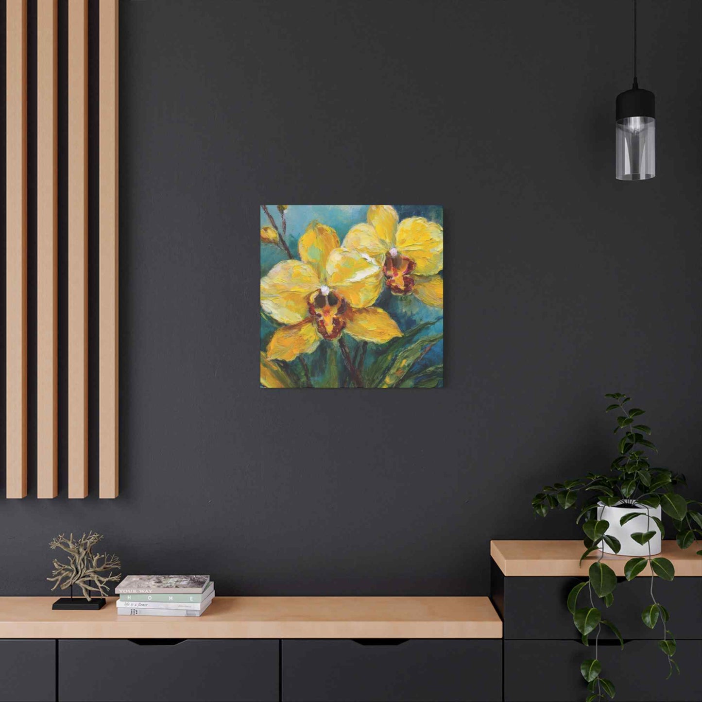 Yellow Orchids Print Canvas, Floral Oil Paint Print 20x20, 24x24, 30x30, 32x32, 36x36 Art Design Pine-Wood Inner Frame MC-139