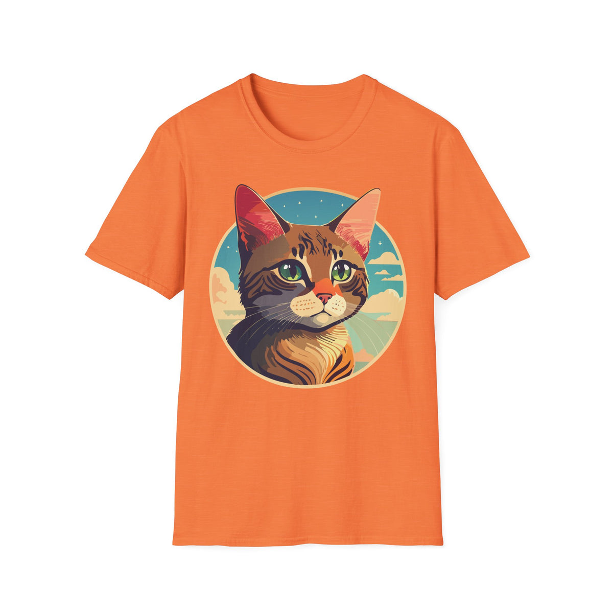 Retro Sunset Tabby Cat T-Shirt | Vintage Cat Portrait, Nautical Sky