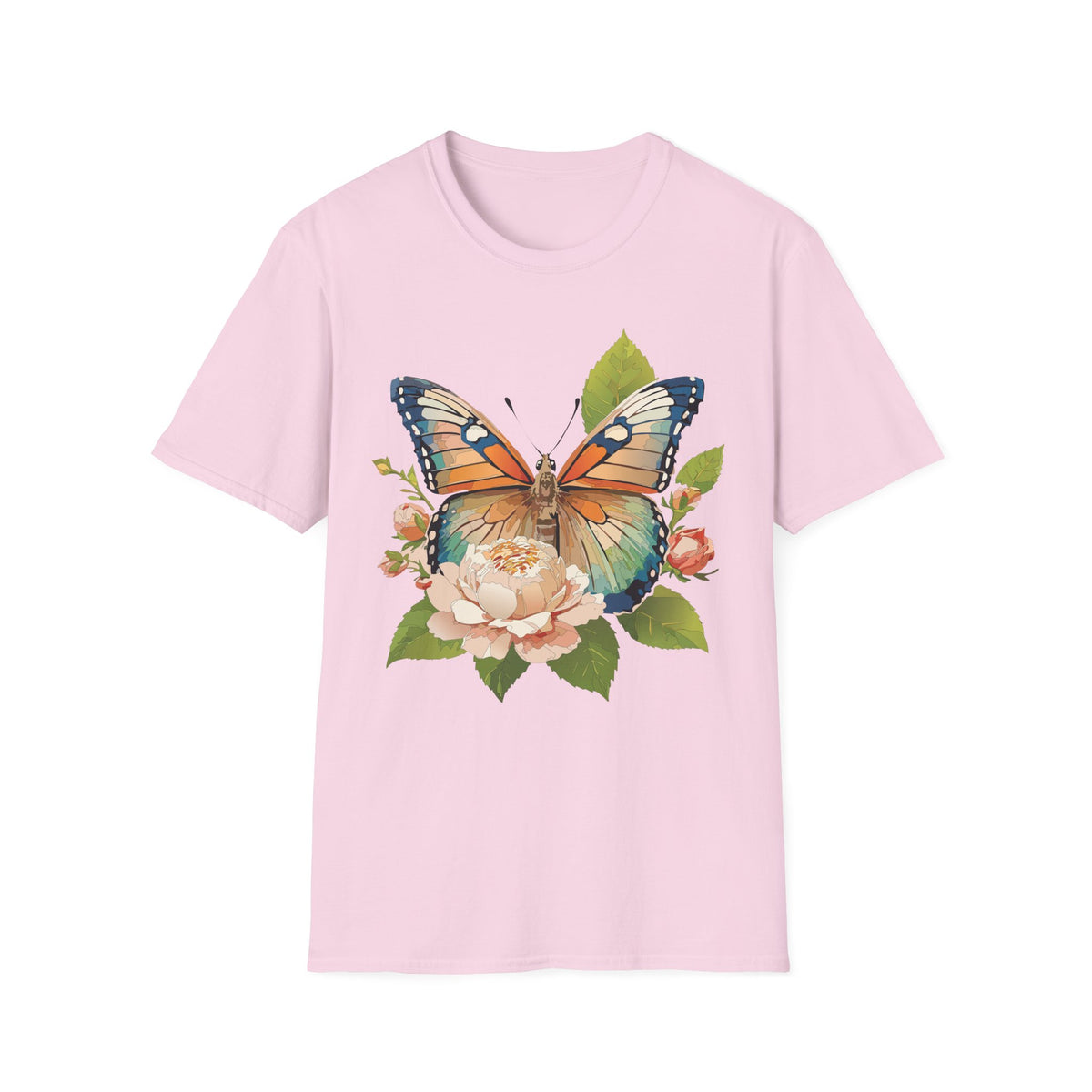 Butterfly Floral T-Shirt — Watercolor Monarch & Roses Graphic Tee Unisex 100 Cotton Gildan T-Shirt