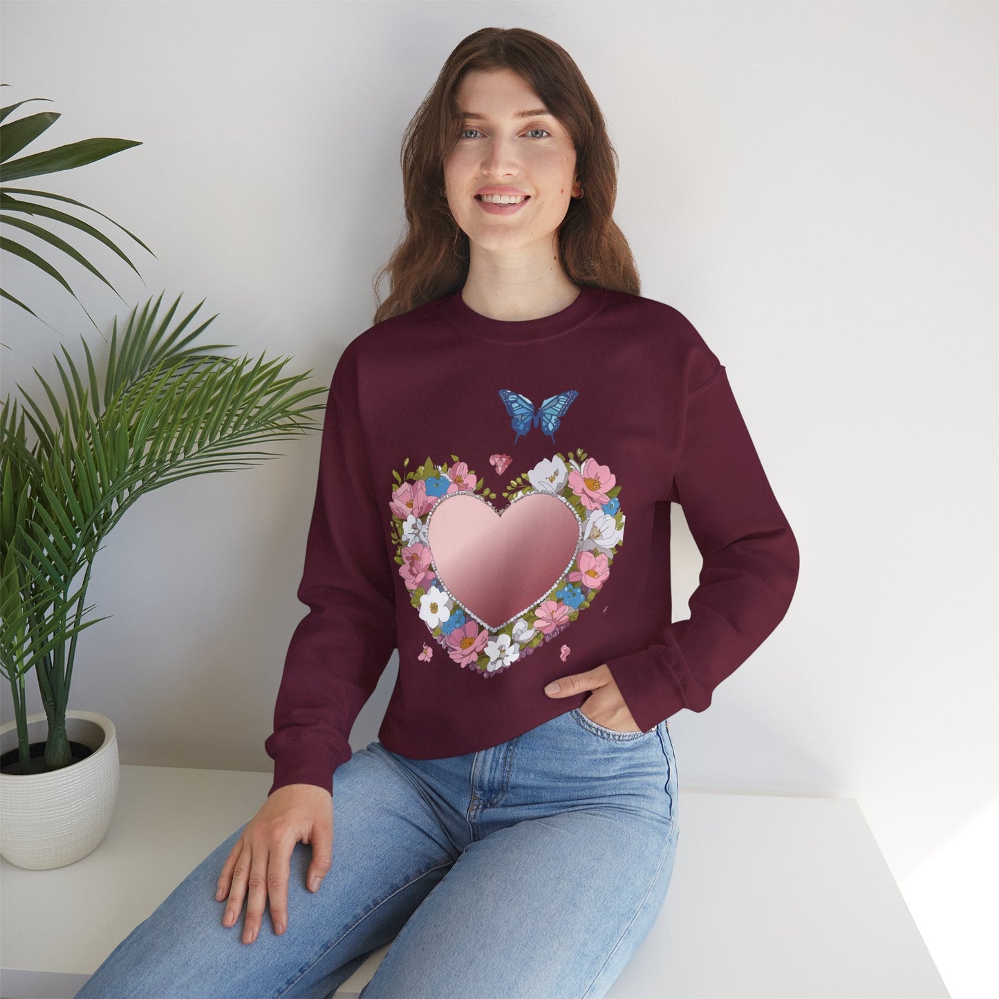 Unisex Floral Heart Sweatshirt Valentines Day Love Crewneck Gildan 18000 50/50 Cotton Polyester